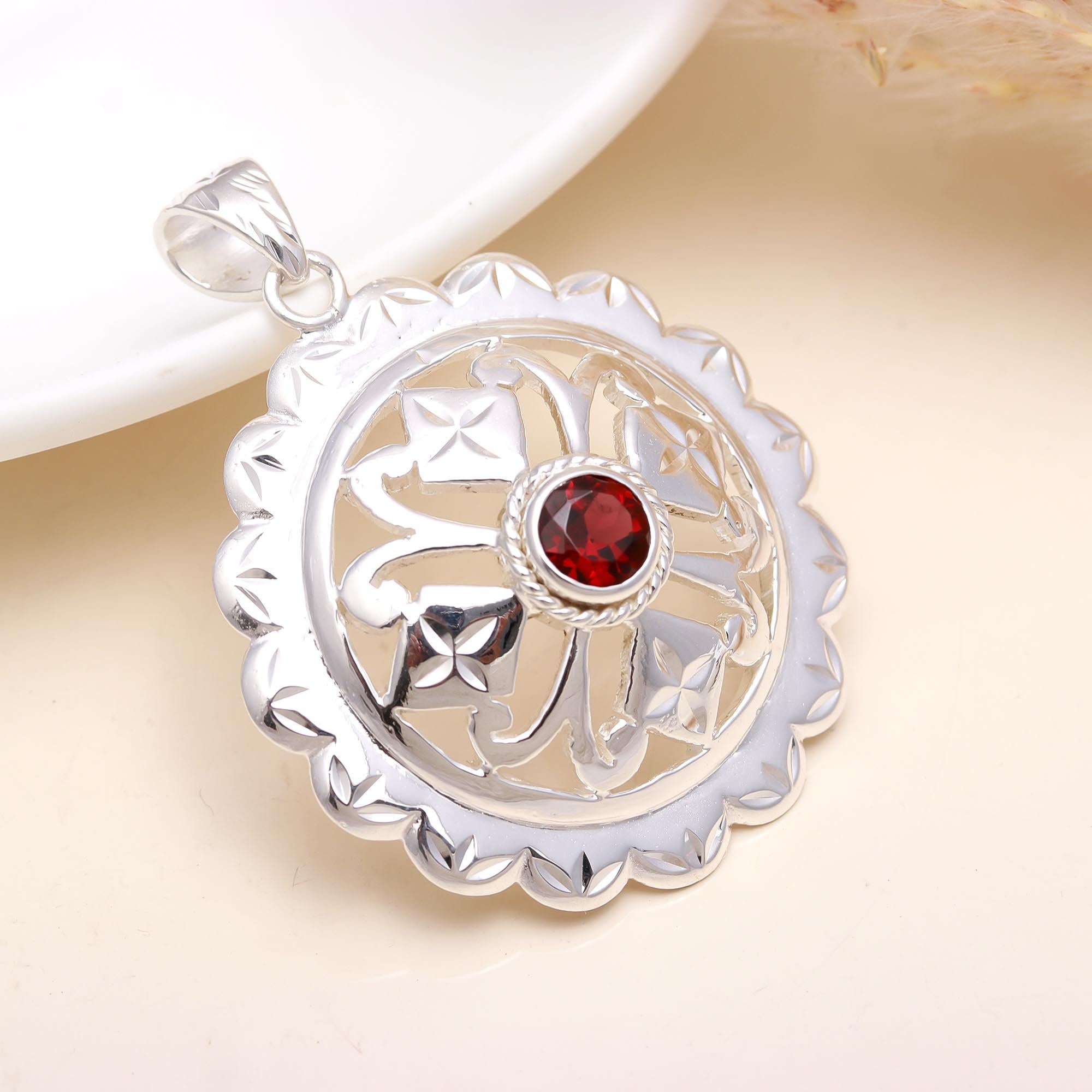 Vintage Red Garnet Floral Sterling Silver Pendant