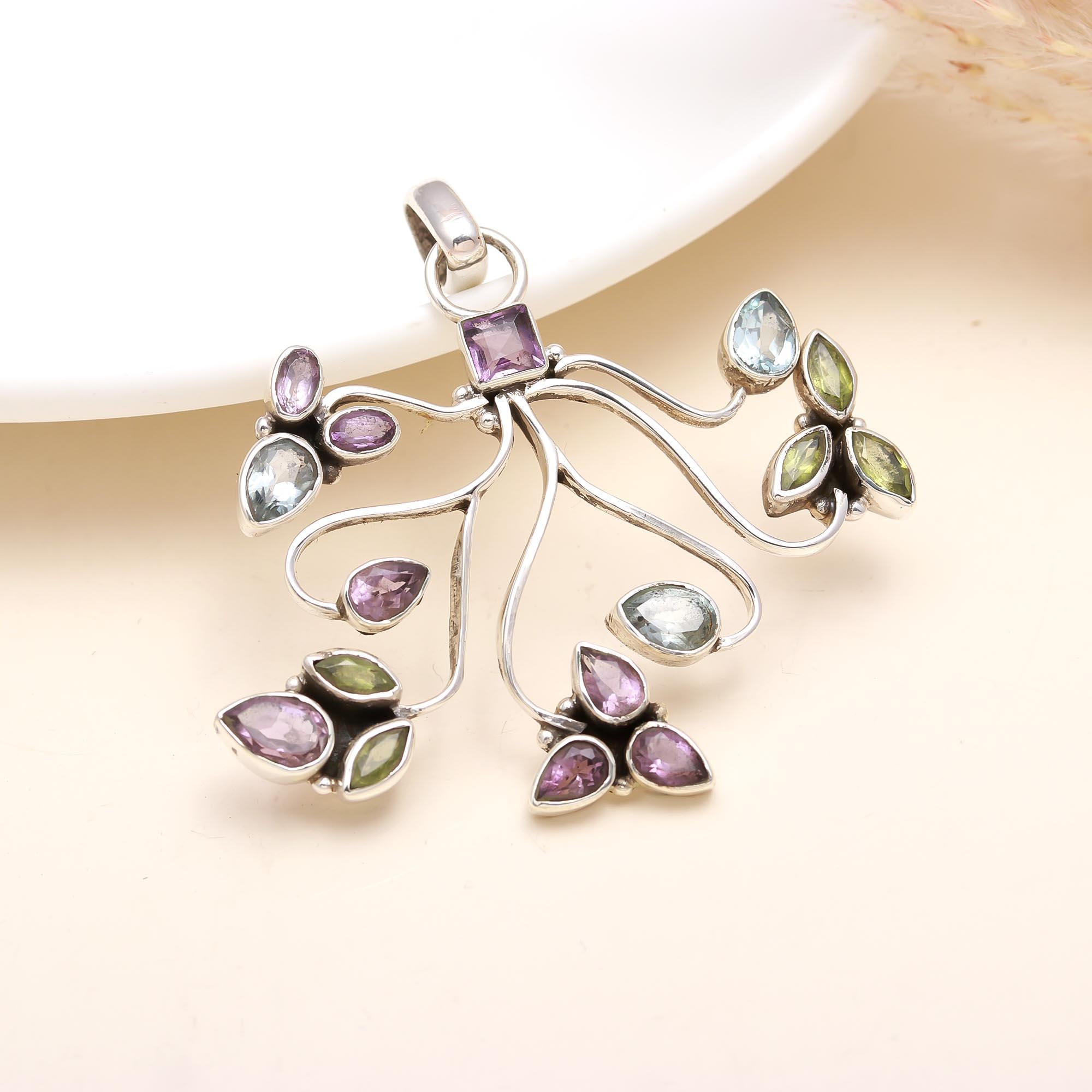 Multi Gemstone Sterling Silver Pendant