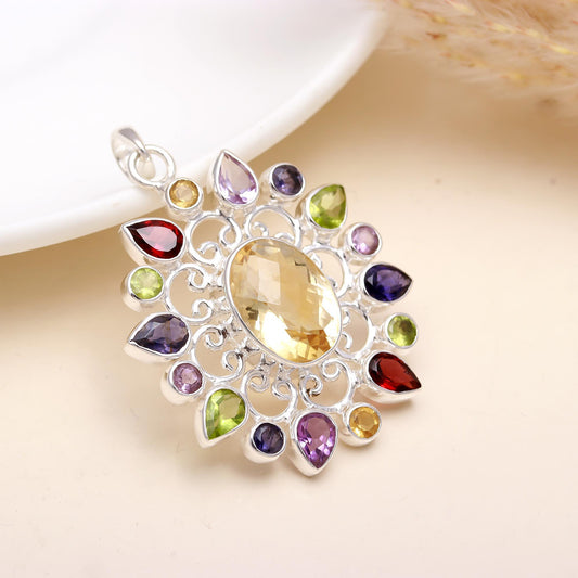 Lemon Topaz & Multicolour Gemstone Pendant Sterling Silver