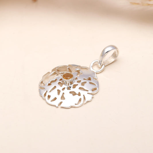 Round Citrene In Floral Silver Pendant