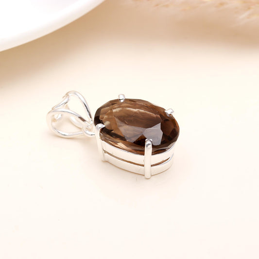 Smoky Quartz Silver Oval Pendant