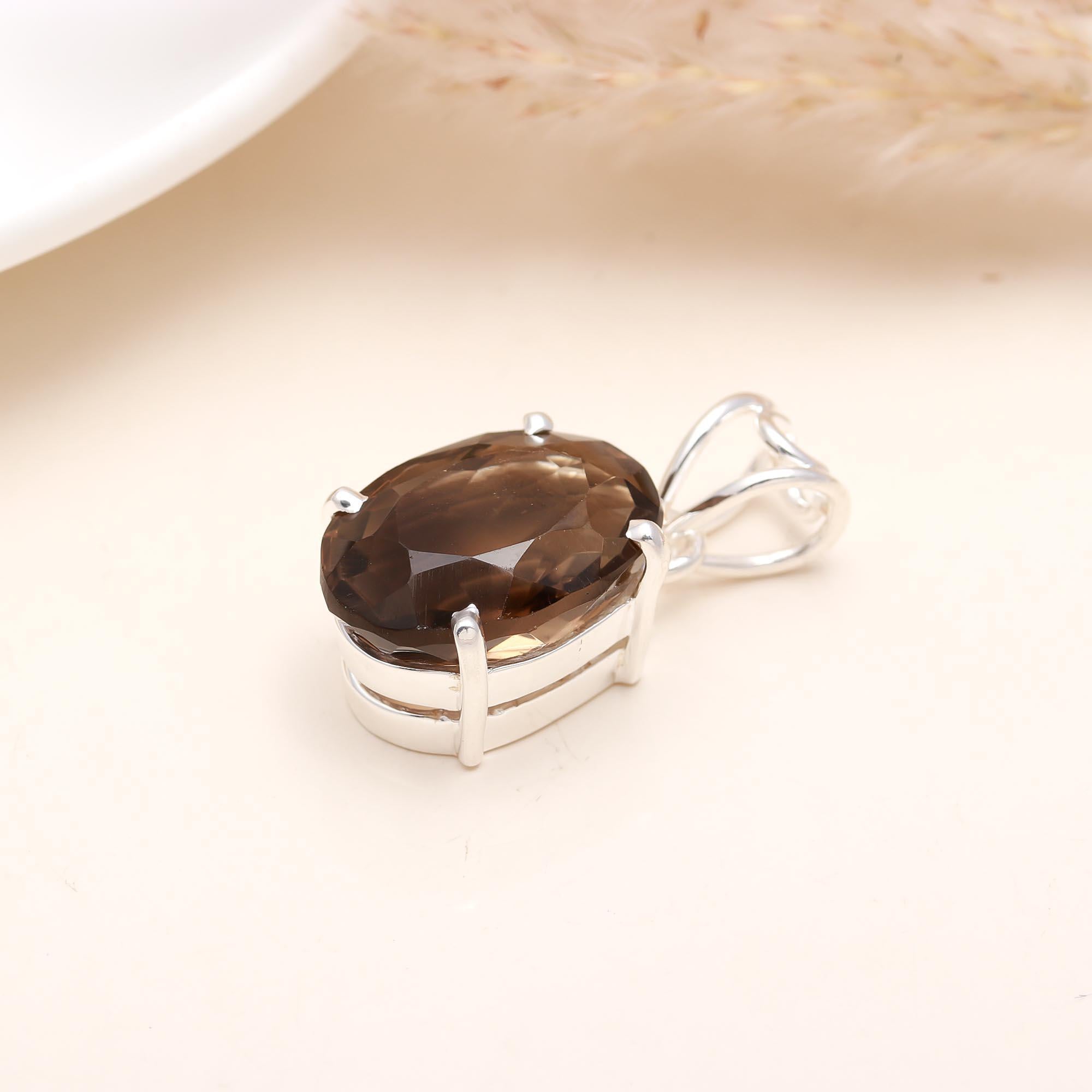 Smoky Quartz Silver Oval Pendant