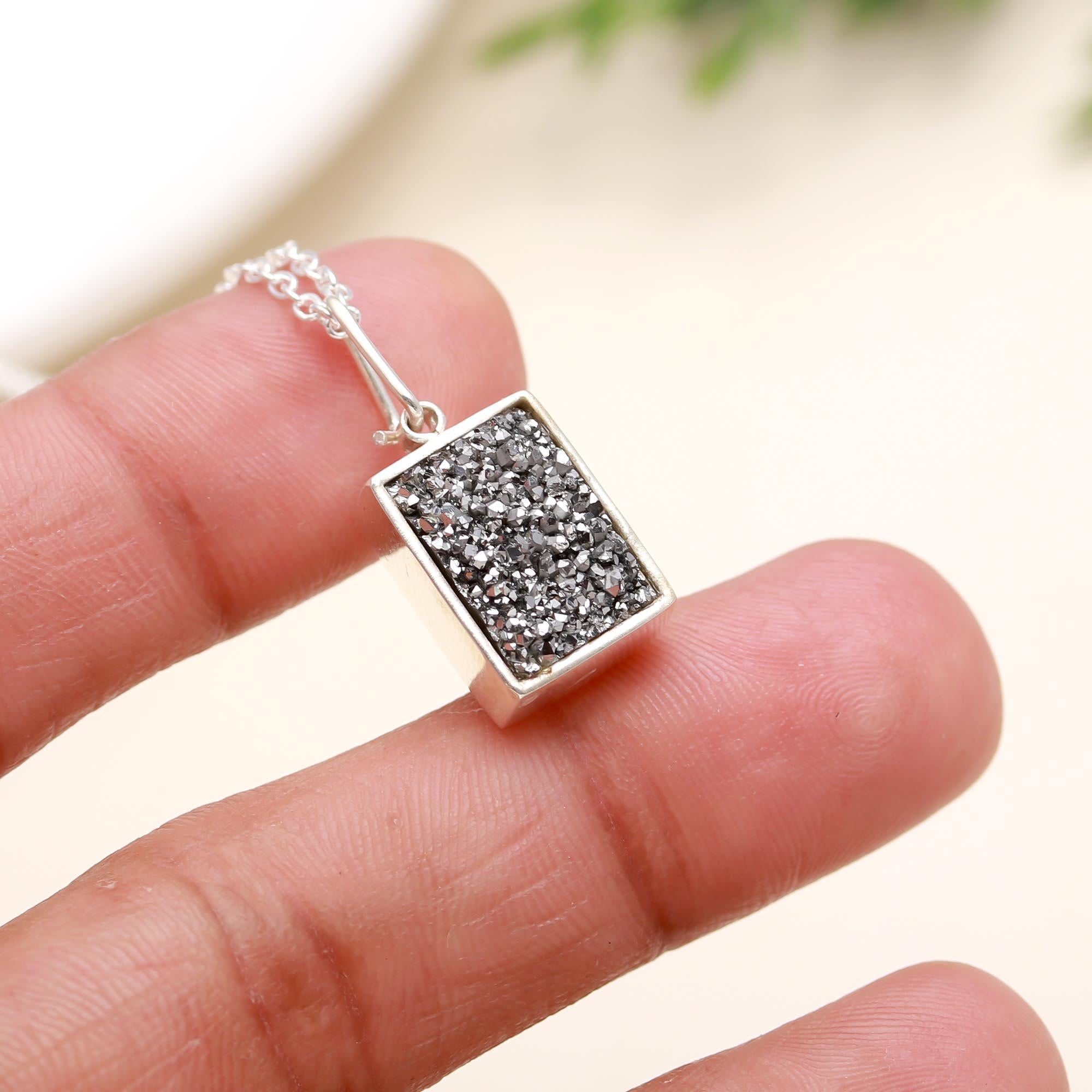 Solid 925 Sterling Silver Titanium Silver Drusy Necklace