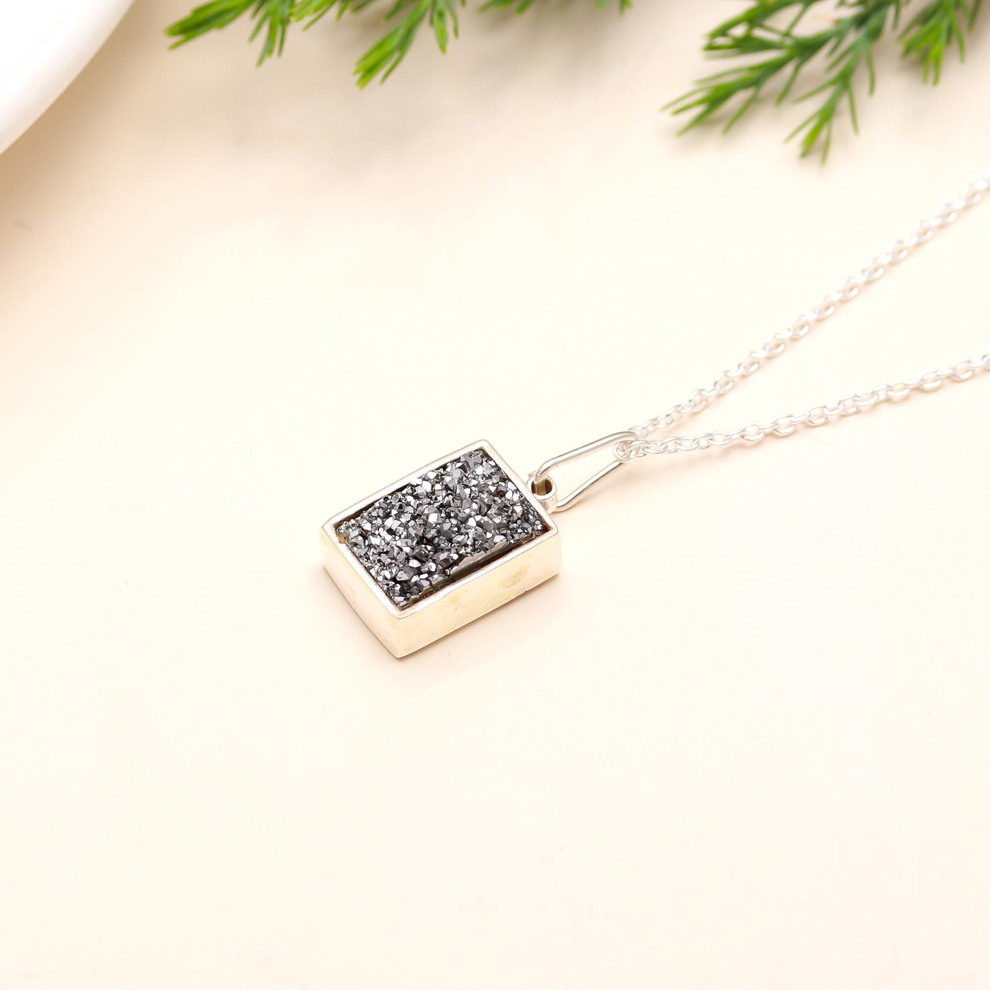 925 Silver Black Druzy Pendant Necklace