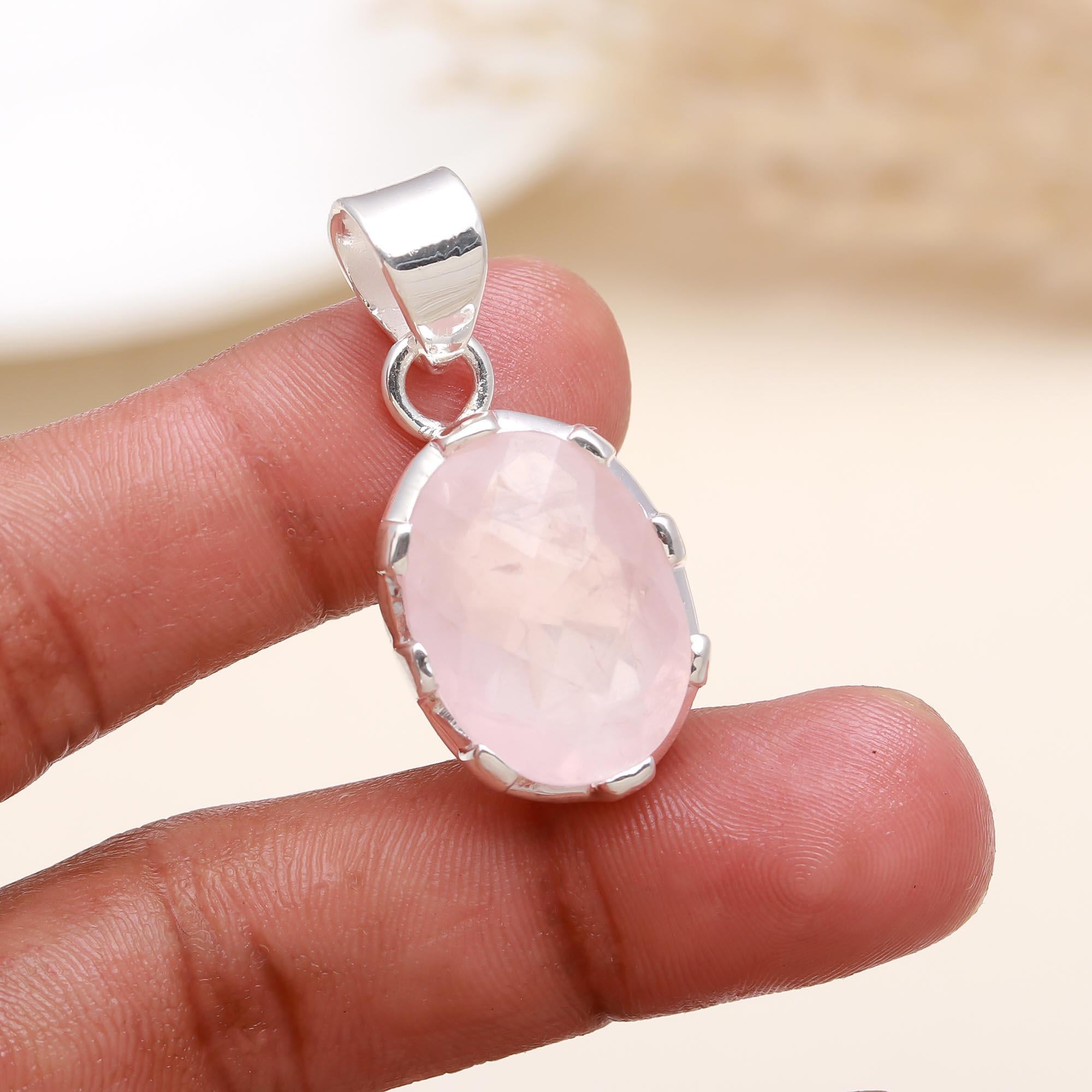 Rose Quartz Oval Shape Stone Studded Silver Plated Pendant