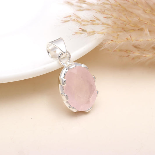 Rose Quartz Oval Shape Stone Studded Silver Plated Pendant