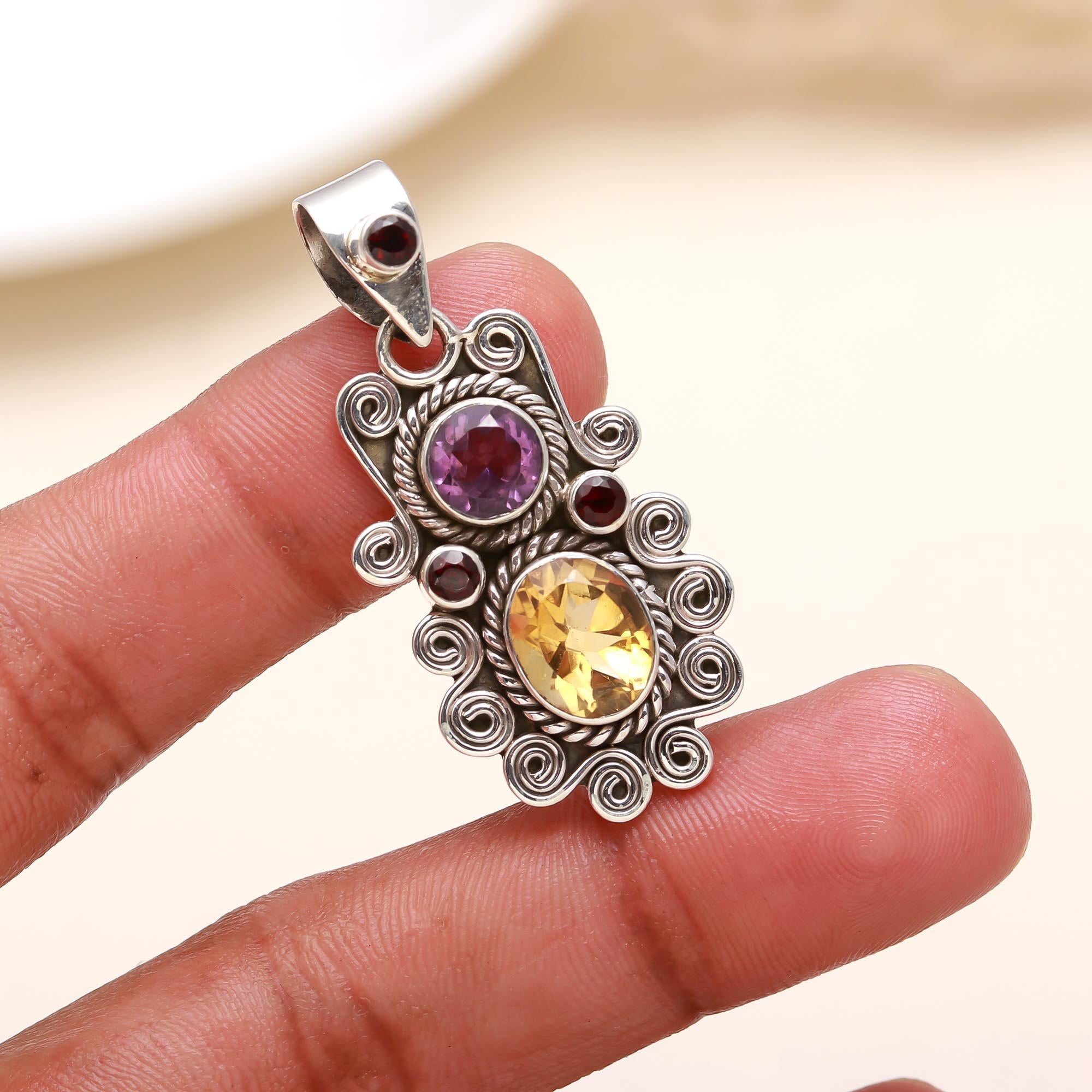 Citrine & Amethyst Vinatge Silver Pendant