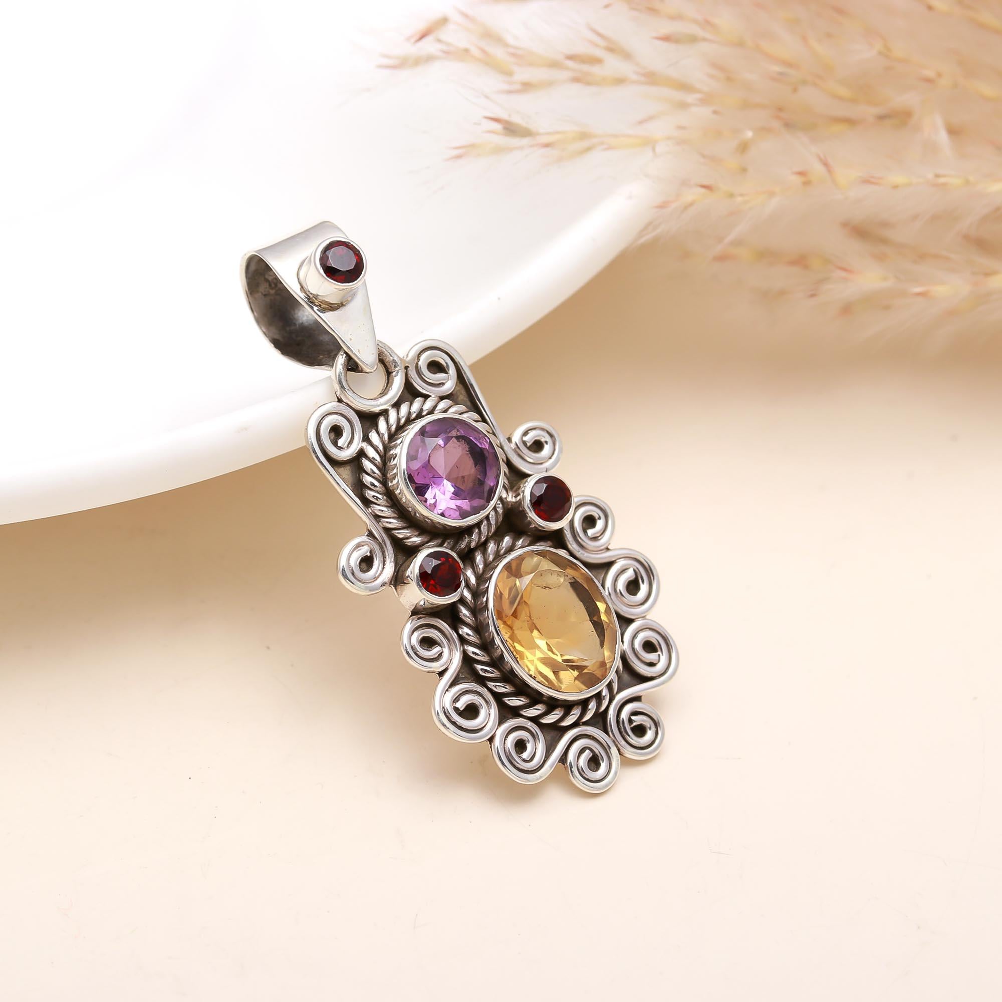 Citrine & Amethyst Vinatge Silver Pendant