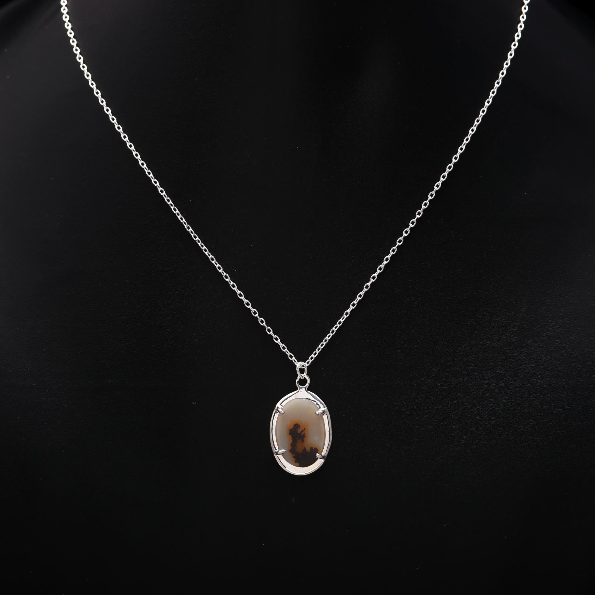 925 Silver Dendritic Agate Pendant Necklace