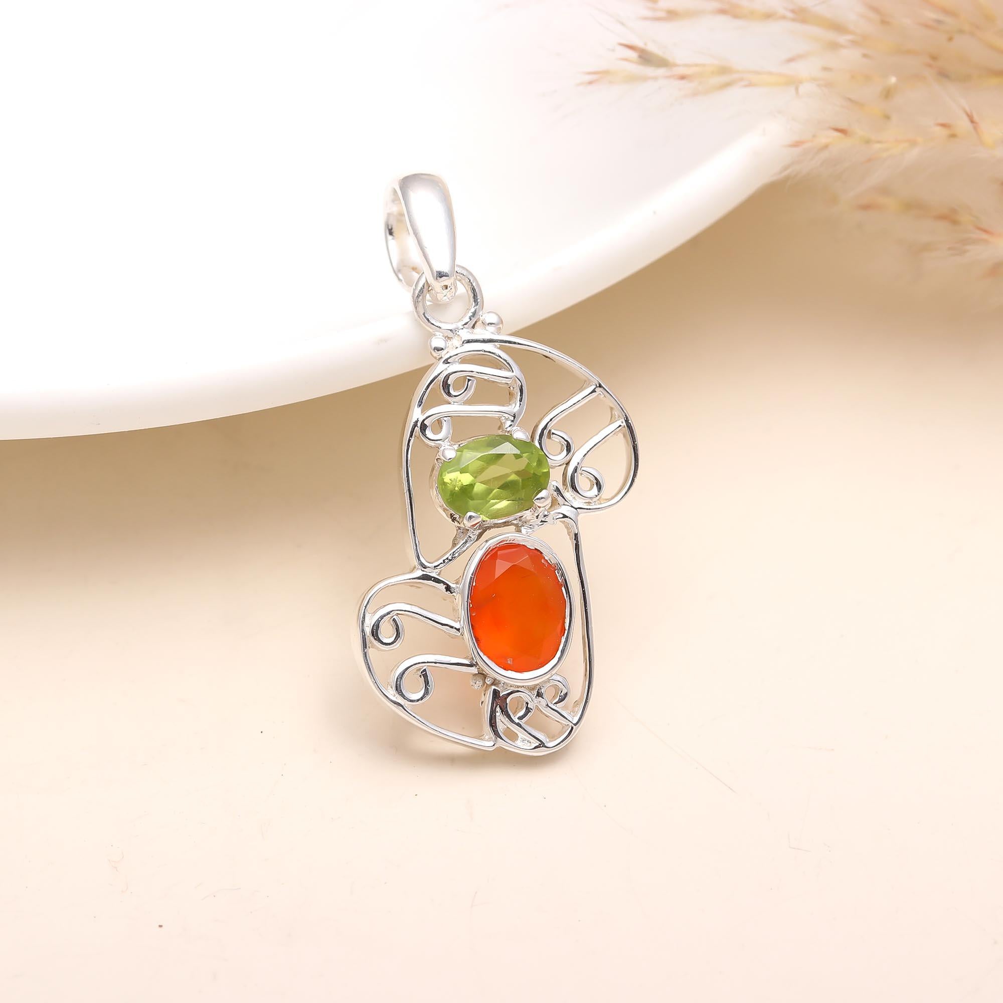 Peridot Carnelian 925 Sterling Silver Pendant