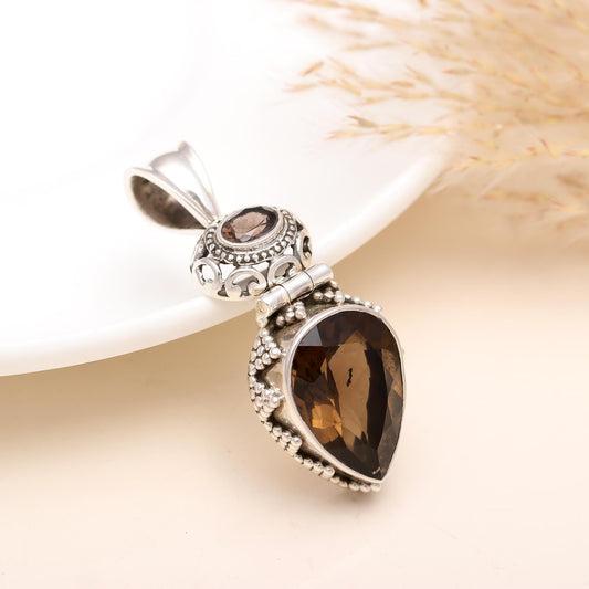 Smoky Quartz Pear Shape Gemstone Silver Pendant