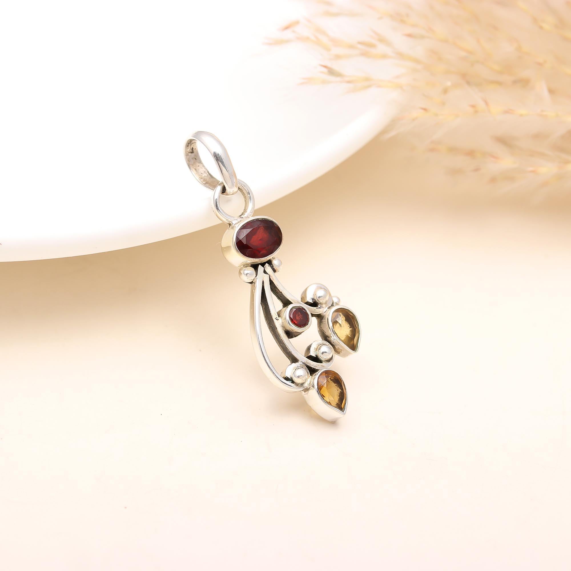 Citrine Garnet Gemstone Sterling Silver Pendant