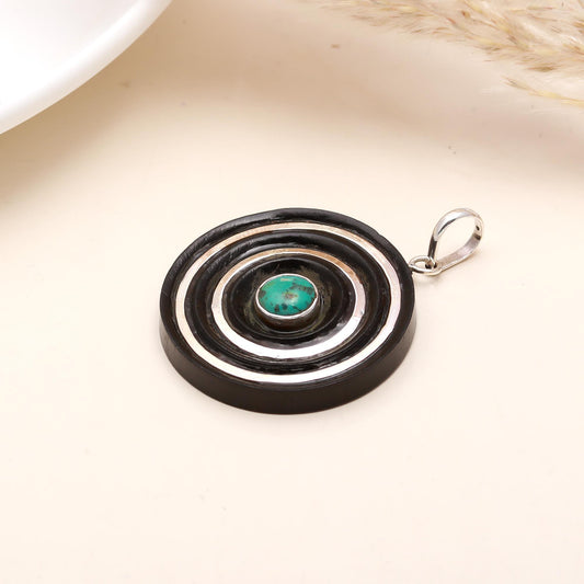 Silver Ebony Wood Turquoise Gemstone Spiral Pendant