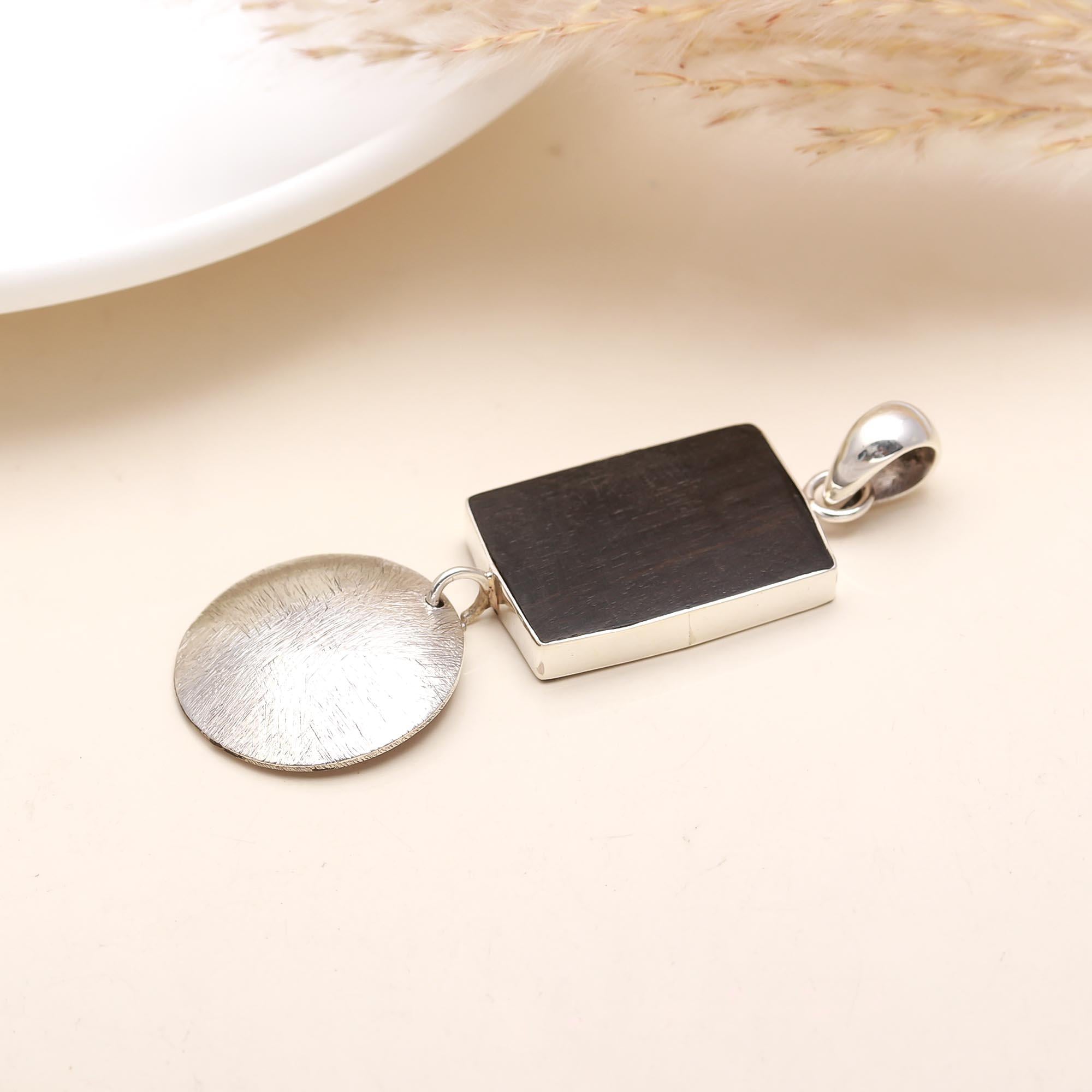 Vintage Sterling Ebony Wood Disc Pendant