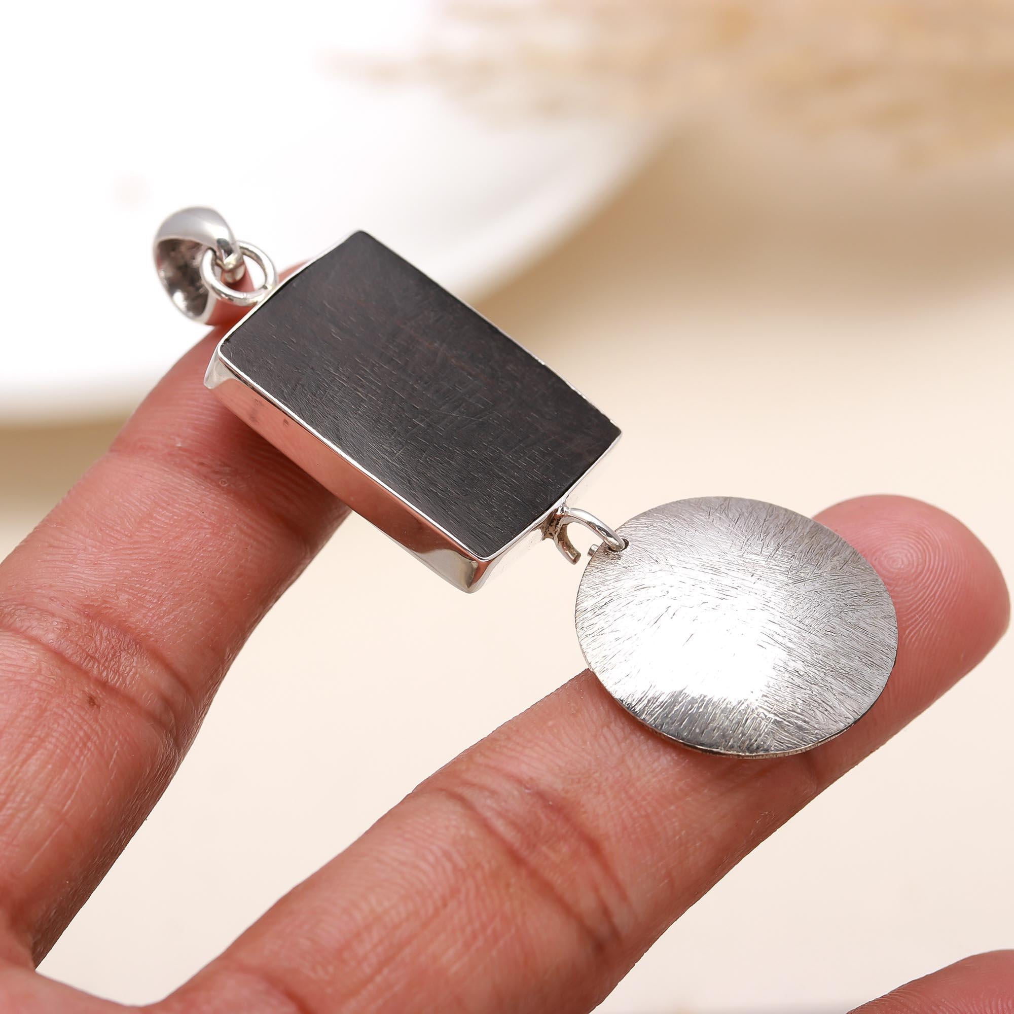 Vintage Sterling Ebony Wood Disc Pendant