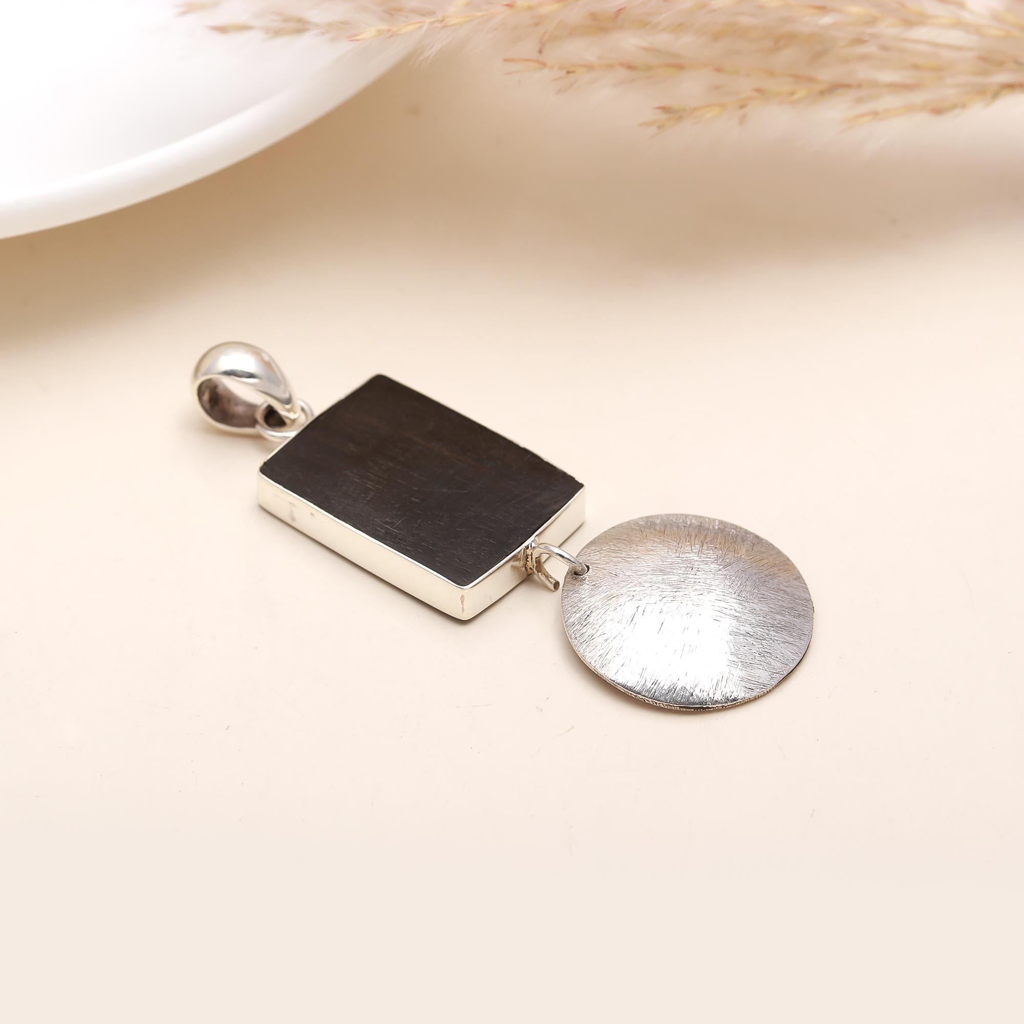 Vintage Sterling Ebony Wood Disc Pendant