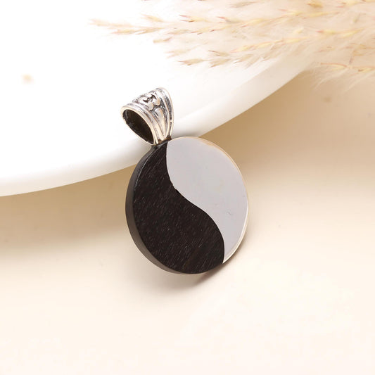 Round Ebony wood and  Sterling Silver Pendant