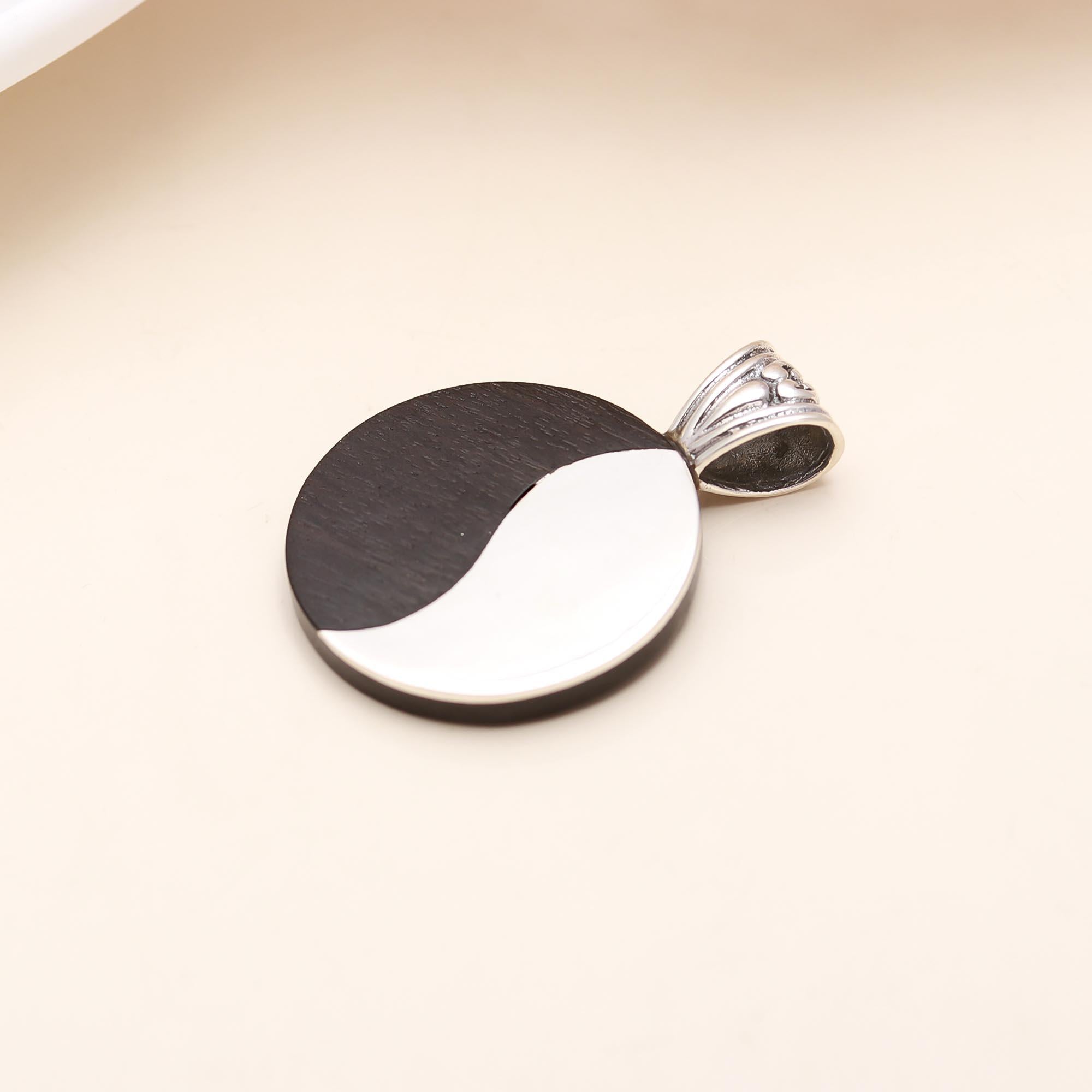 Round Ebony wood and  Sterling Silver Pendant