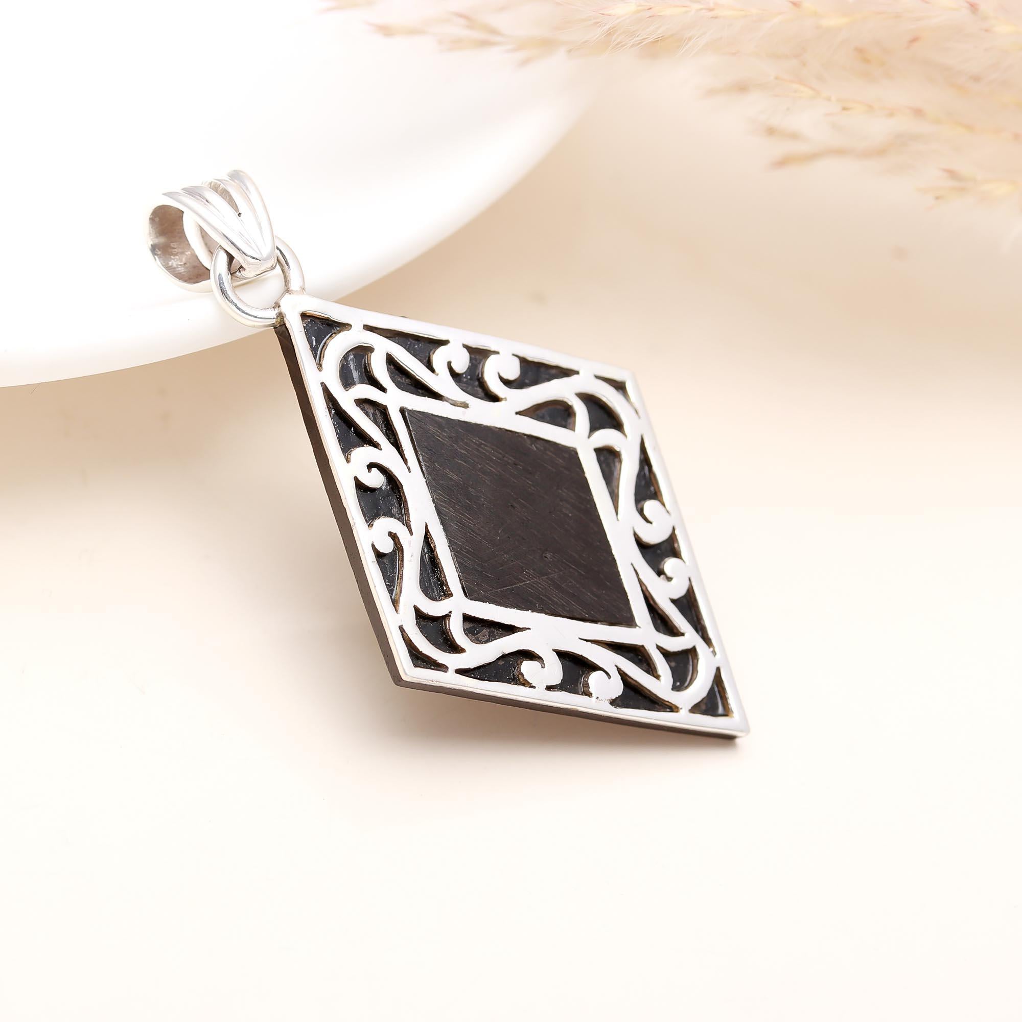 Vintage Sterling Ebony Wood Diamond Shape Pendant
