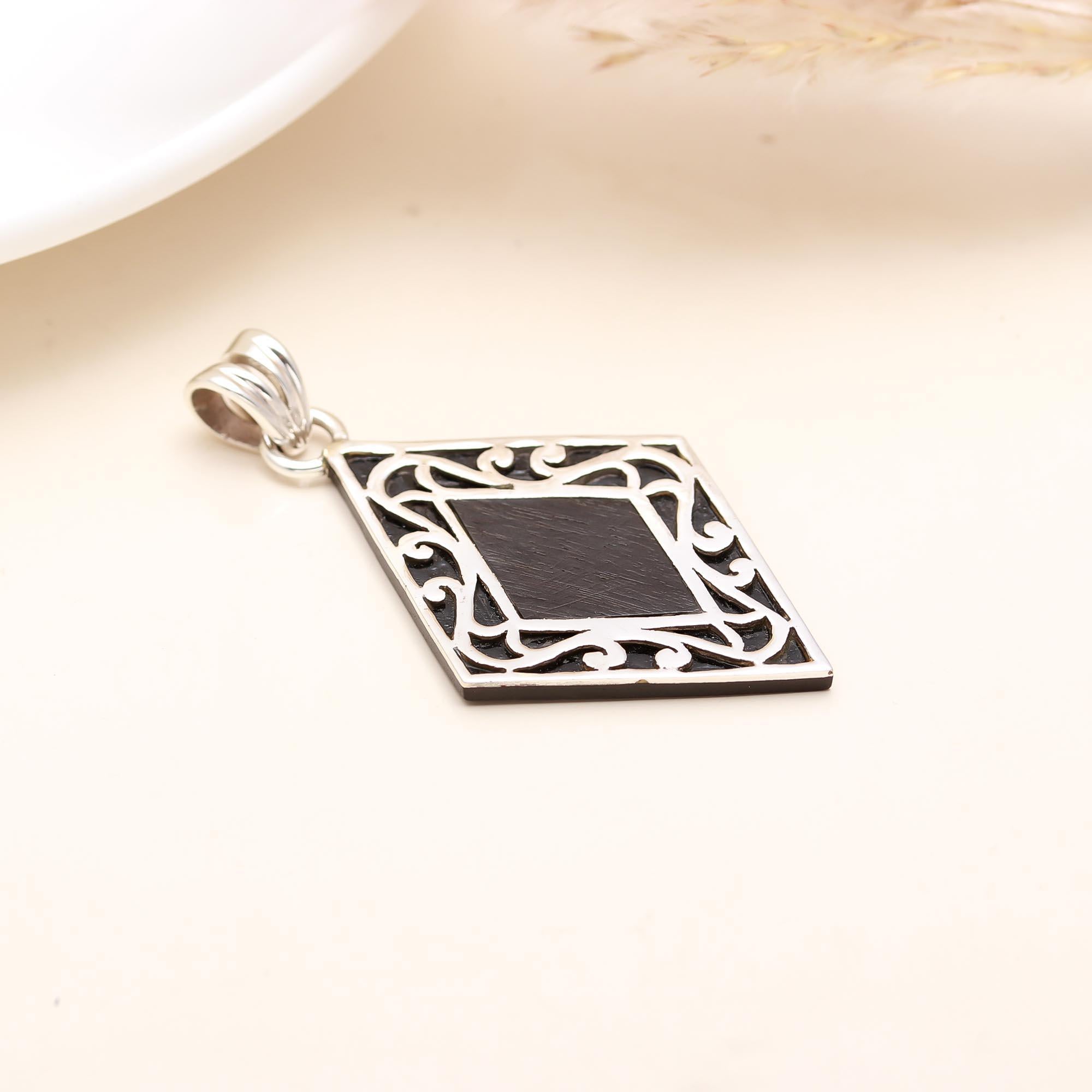 Vintage Sterling Ebony Wood Diamond Shape Pendant