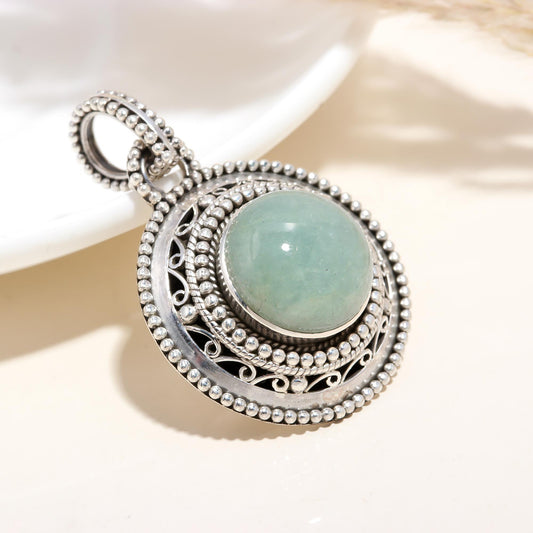 Aquamarine Silver necklace circle filigree pendant