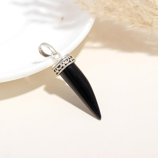 Ethnic Black Onyx Tooth Pendant, 925 Sterling Silver Pendant