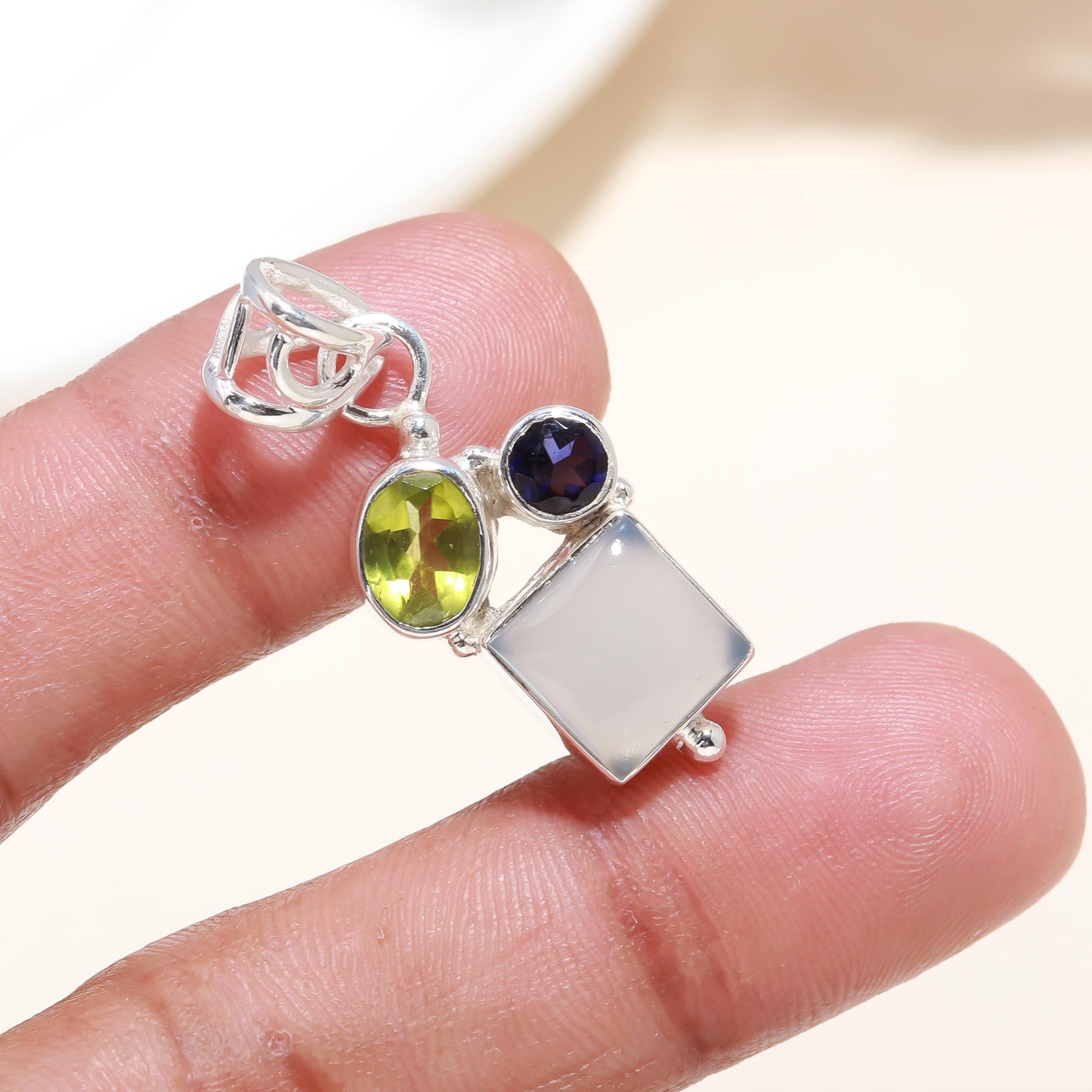 Natural Multi Gemstone Pendant in Solid 925 Sterling Silver