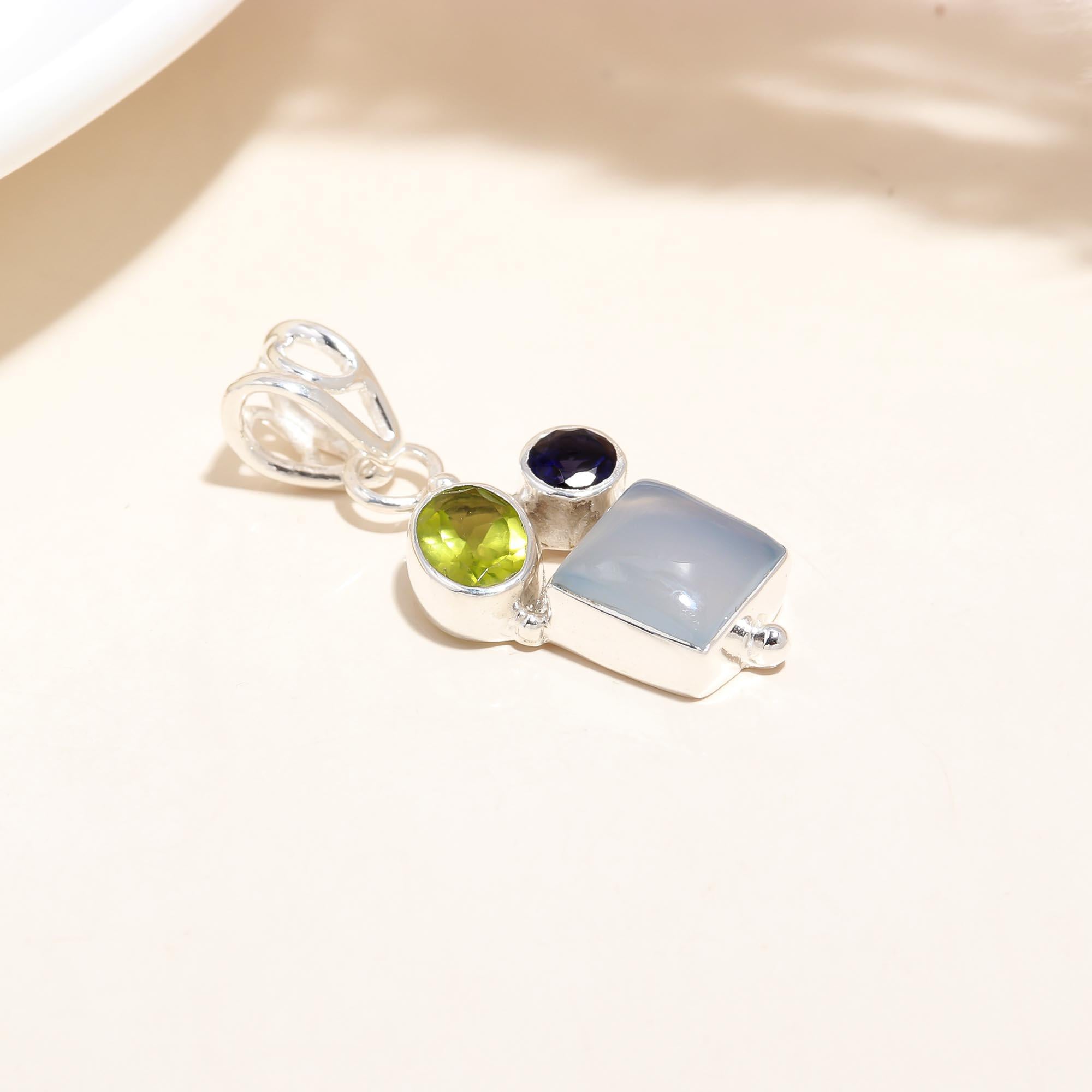 Natural Multi Gemstone Pendant in Solid 925 Sterling Silver