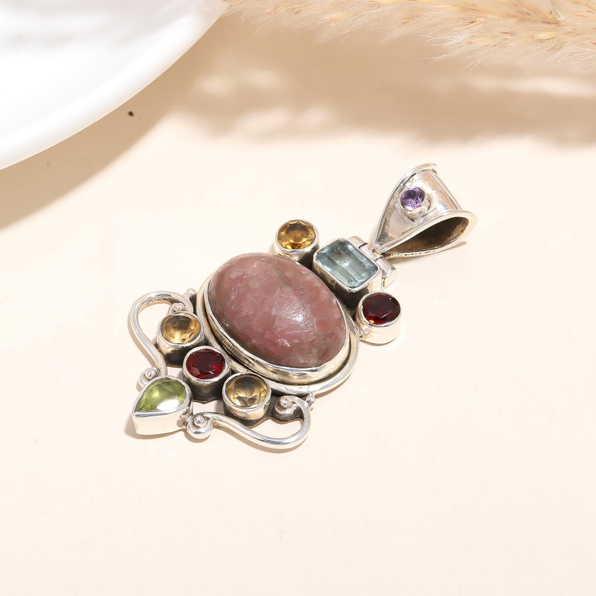 The Rhodonite Royal : Rhodonite & Multi-Gem Statement Pendant