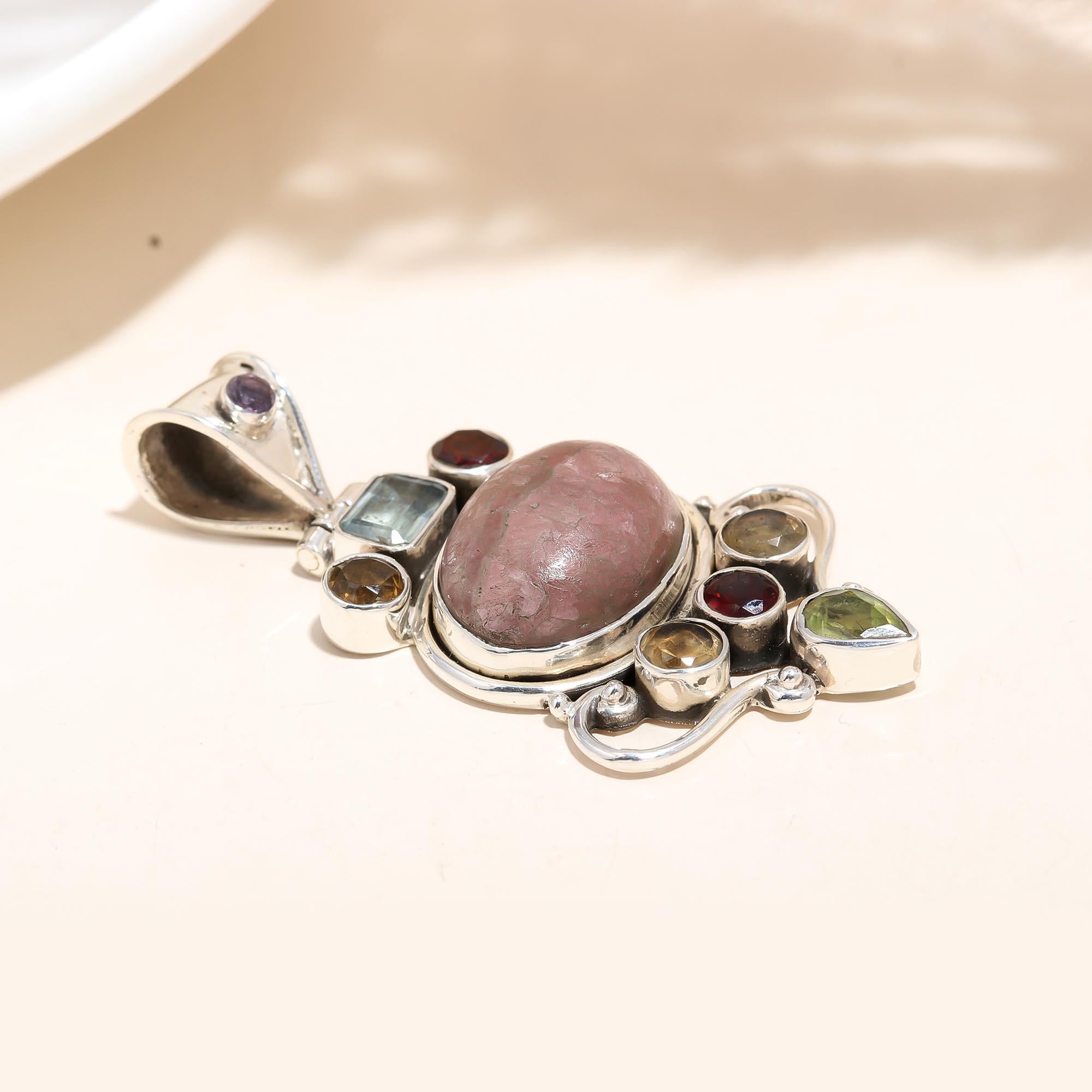 The Rhodonite Royal : Rhodonite & Multi-Gem Statement Pendant