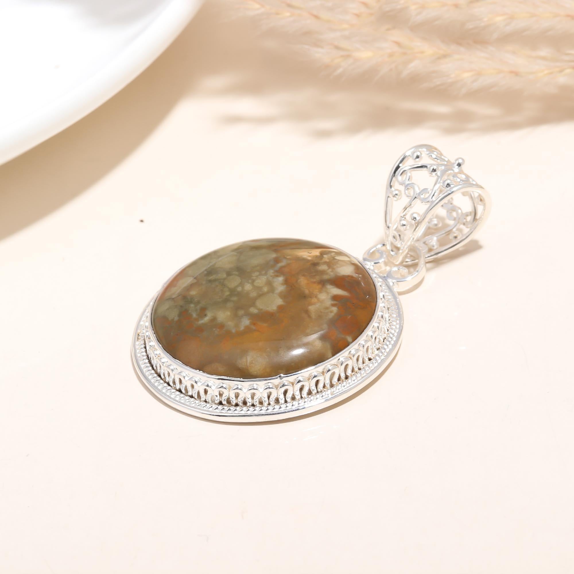 Sterling Silver 925 Pendant With Agate Natural Round Shape Hard Stone