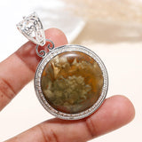 Sterling Silver 925 Pendant With Agate Natural Round Shape Hard Stone