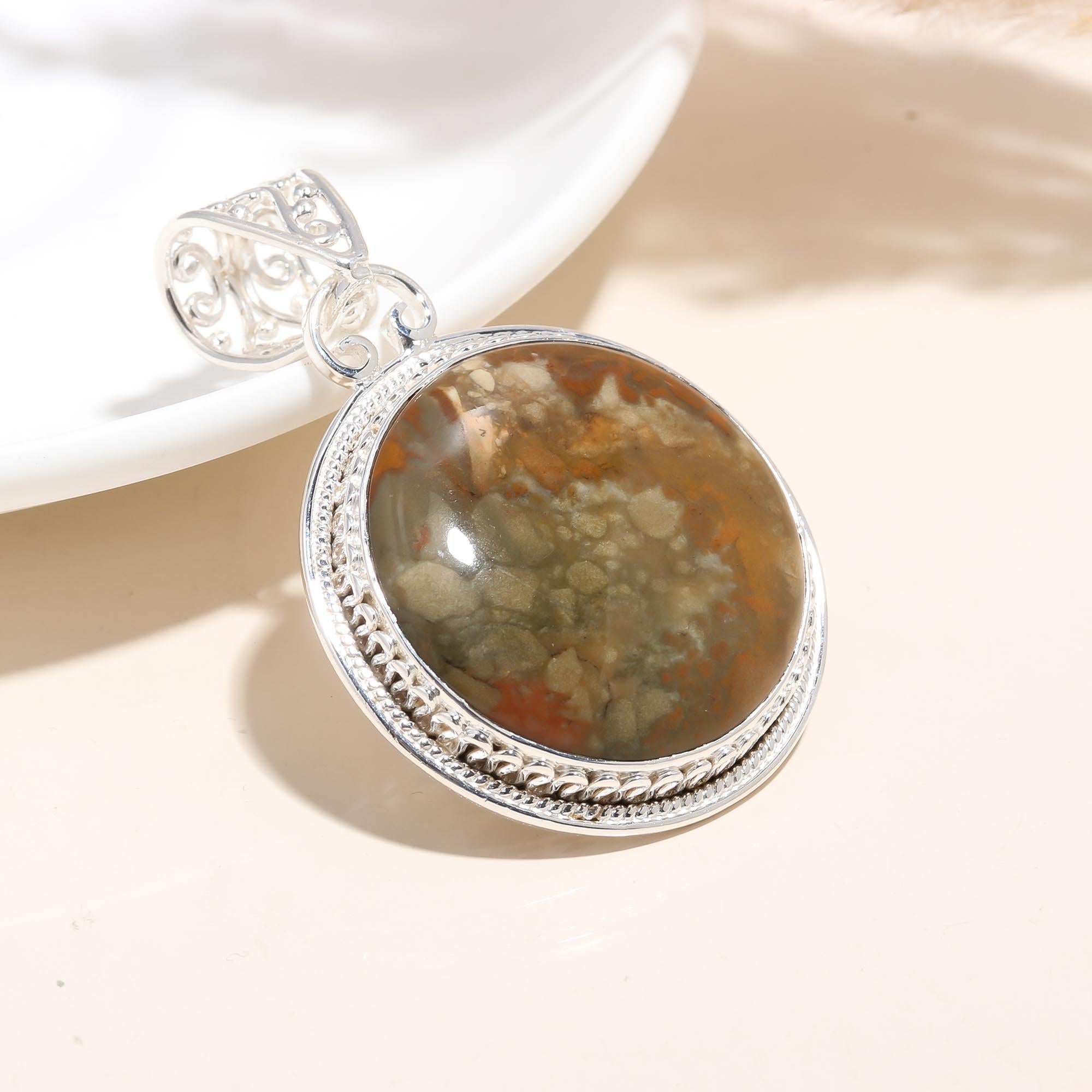 Sterling Silver 925 Pendant With Agate Natural Round Shape Hard Stone