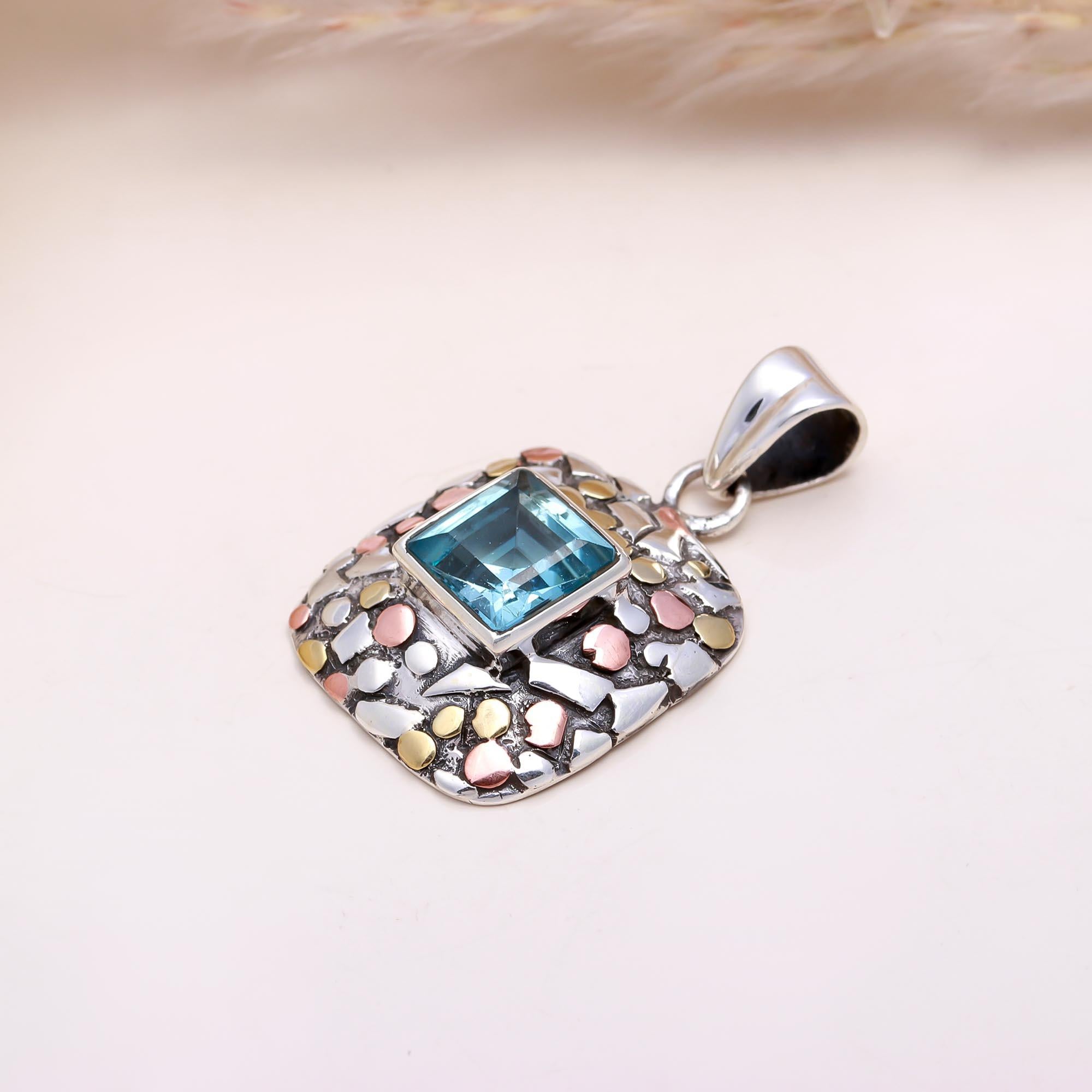 The Mosaic Square: Blue Topaz Mixed Metal  Pendant