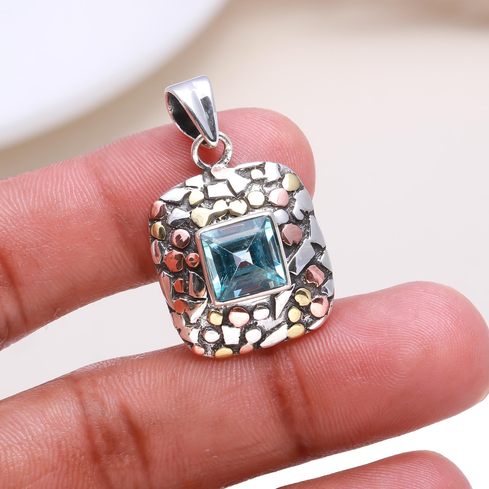 The Mosaic Square: Blue Topaz Mixed Metal  Pendant