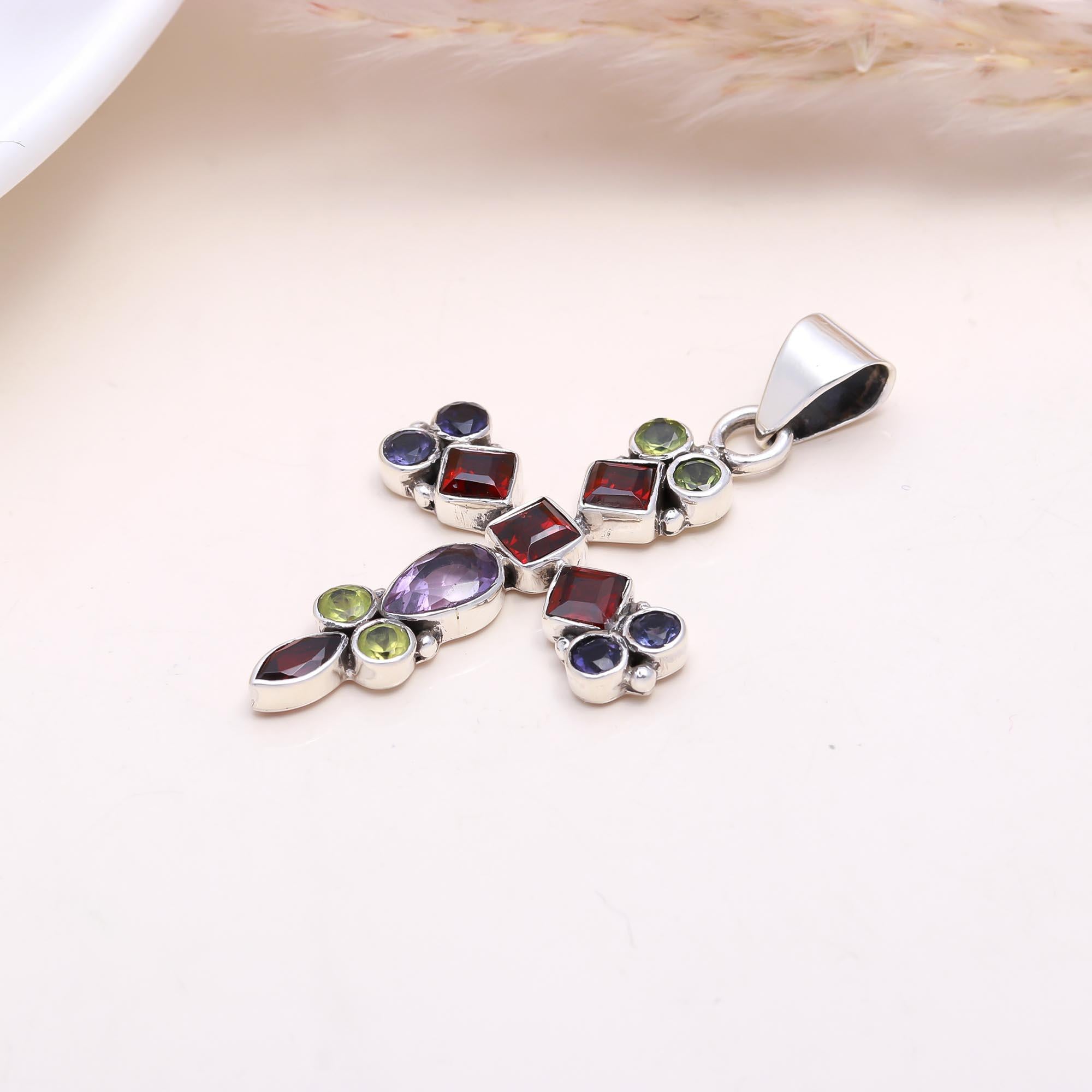 The Jewel Tone: Multi-Gemstone Silver Cross Pendant