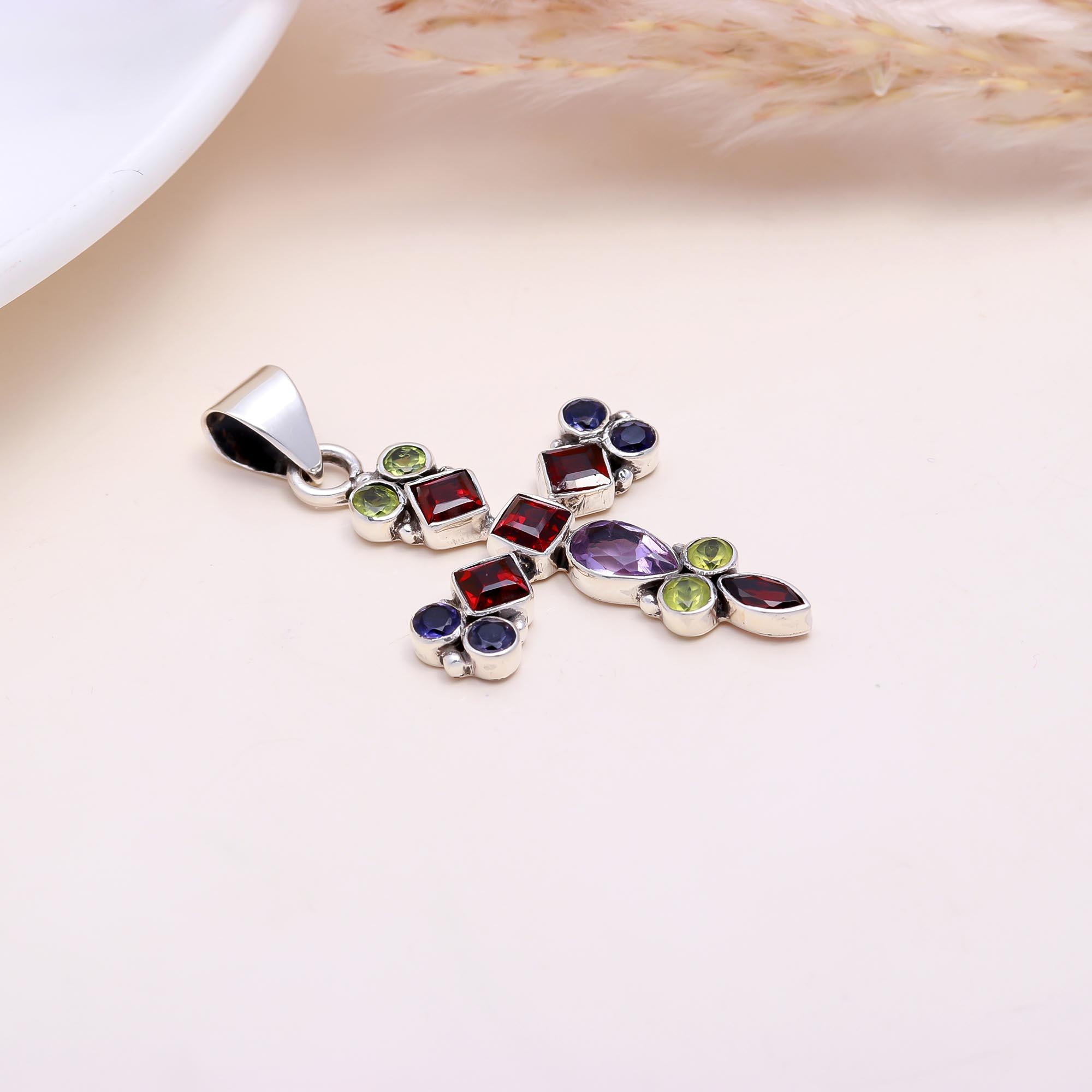 The Jewel Tone: Multi-Gemstone Silver Cross Pendant