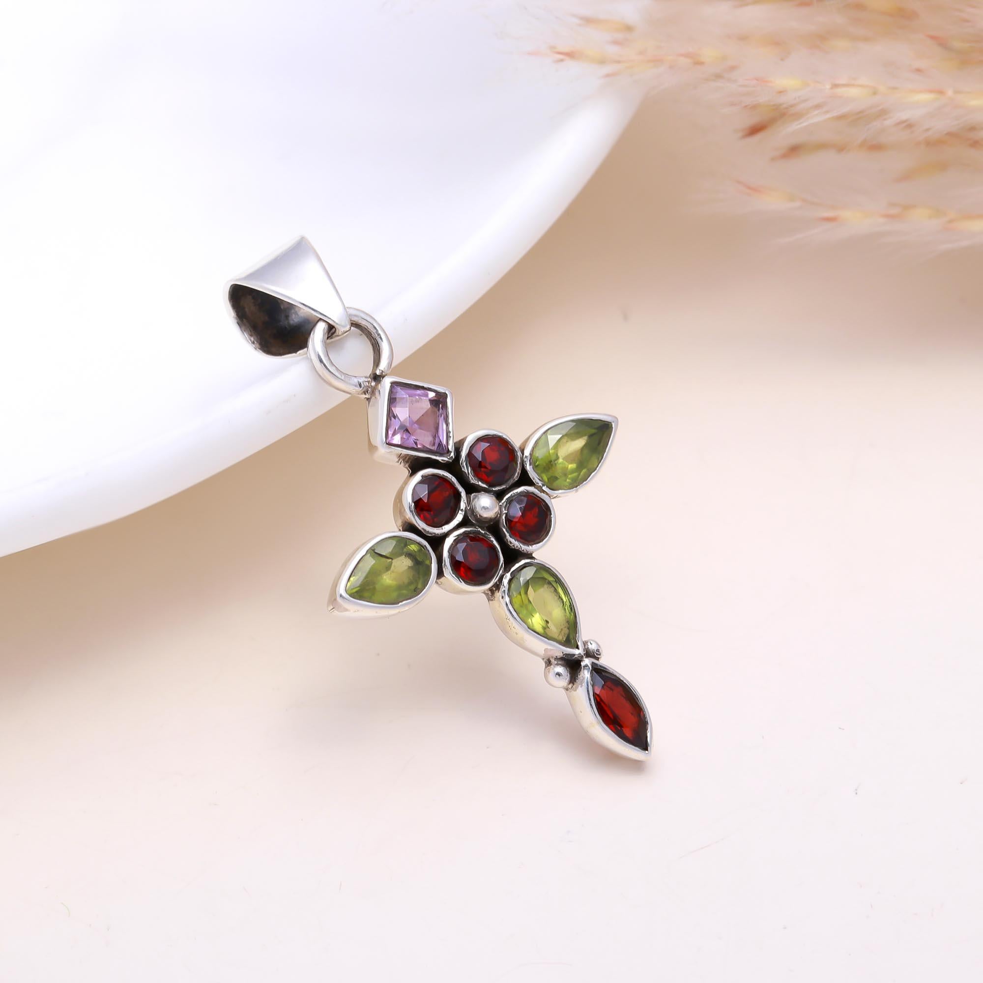 The Floral Cross: Multi-Gemstone Flower Cross Pendant