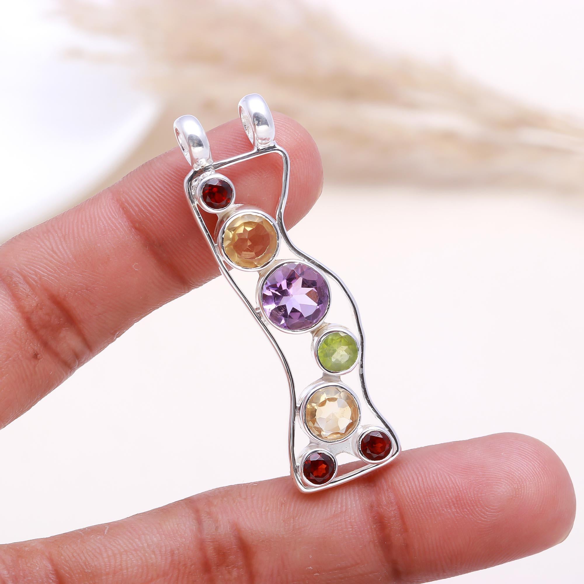 The Chakra Bridge: Multi-Gemstone Curved Bar Pendant