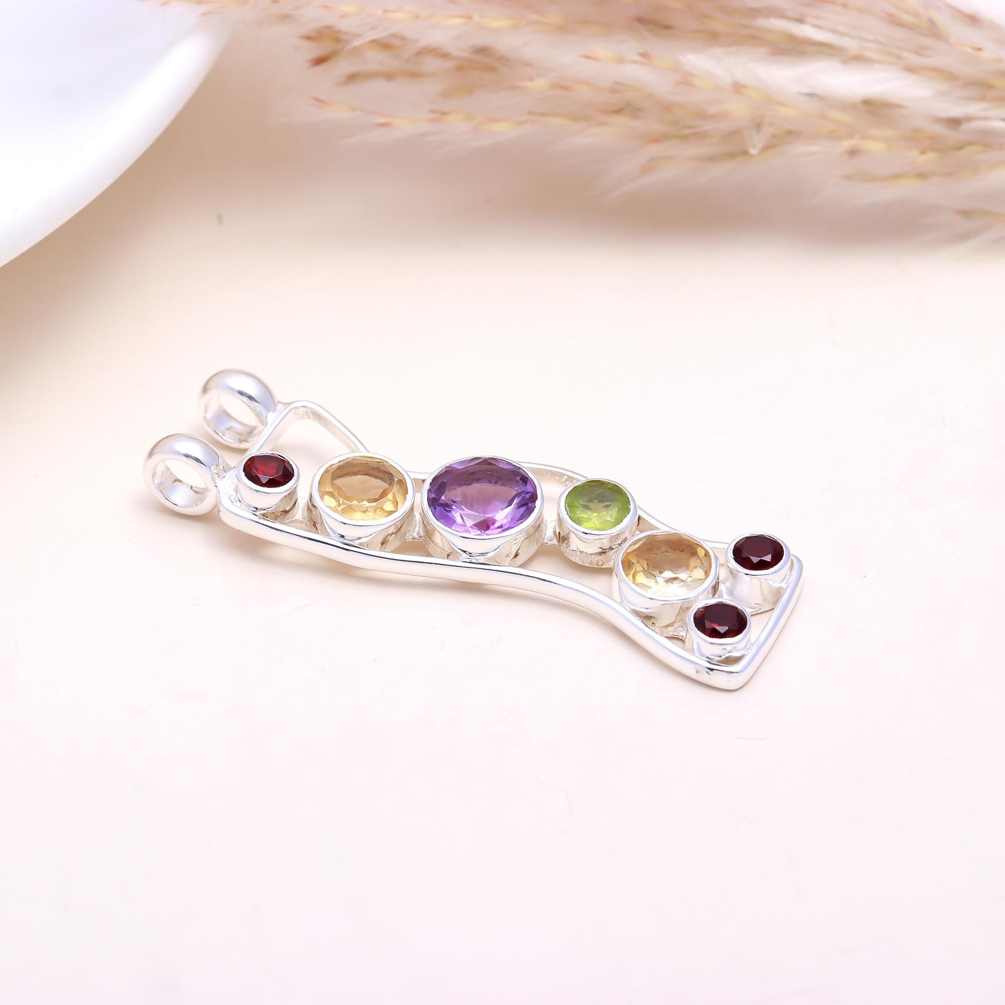 The Chakra Bridge: Multi-Gemstone Curved Bar Pendant