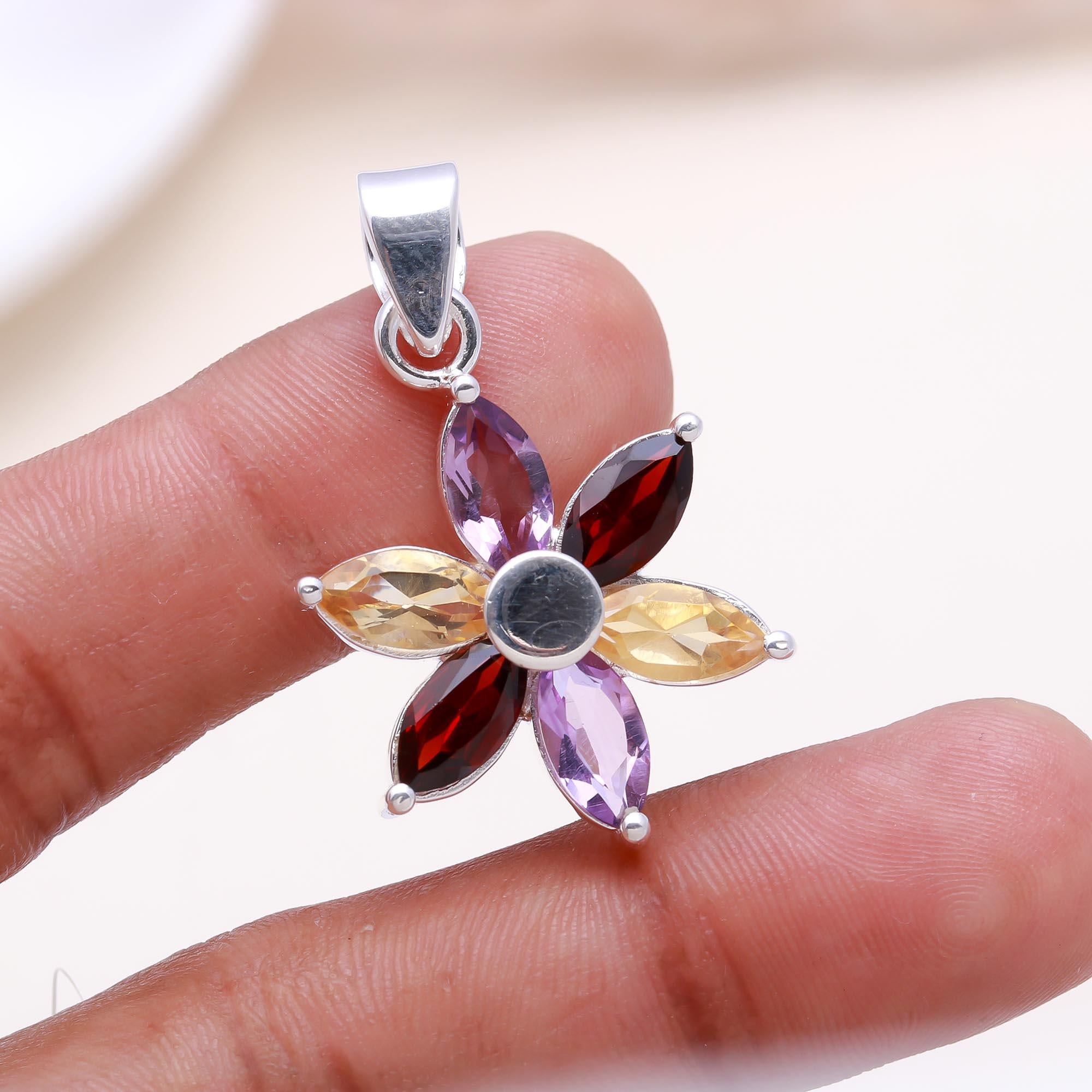 The Vibrant Bloom: Multi-Gemstone Flower Pendant