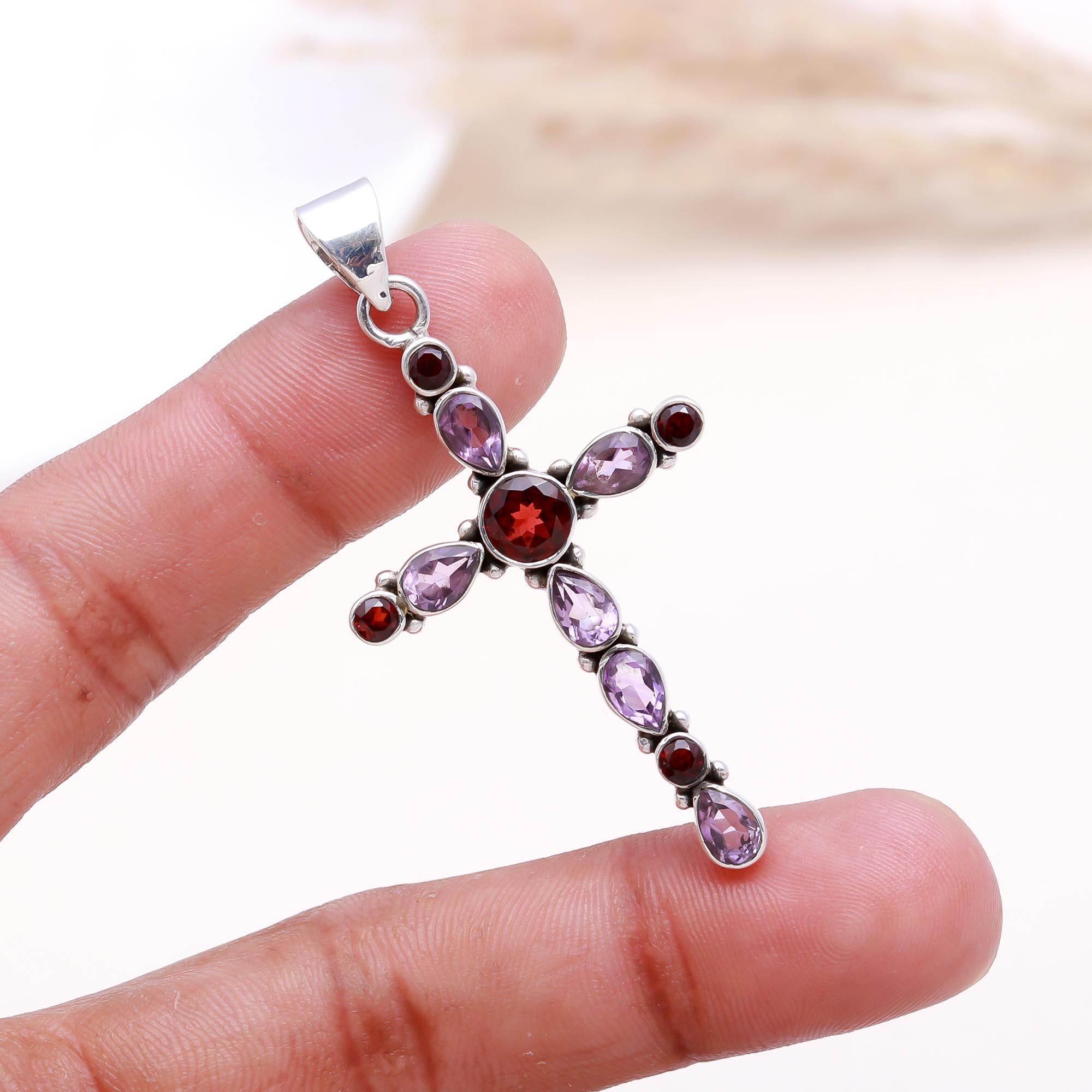 The Faithful Hue: Amethyst & Garnet Cross Pendant