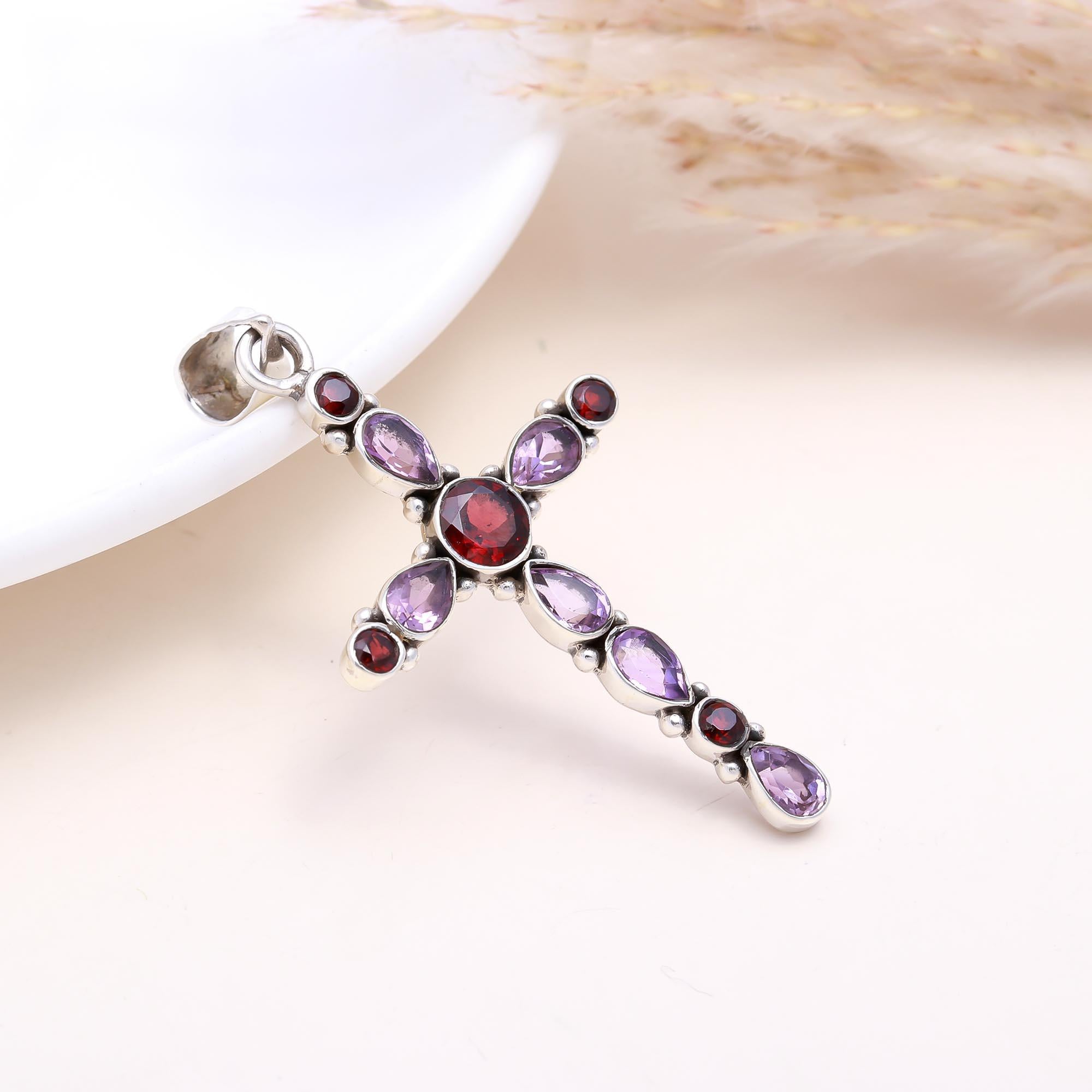 The Faithful Hue: Amethyst & Garnet Cross Pendant