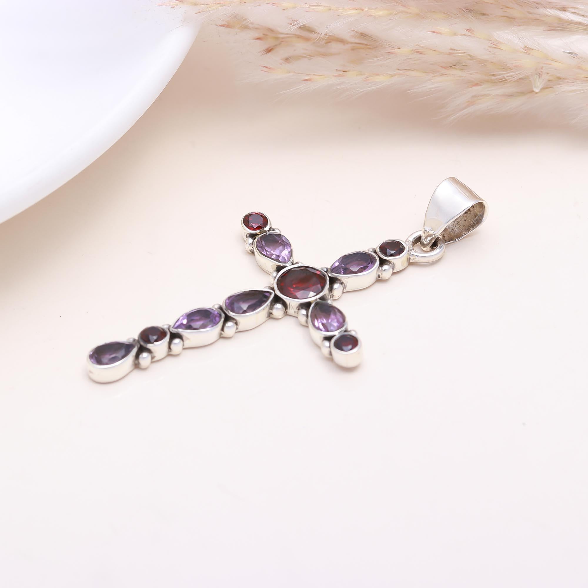 The Faithful Hue: Amethyst & Garnet Cross Pendant