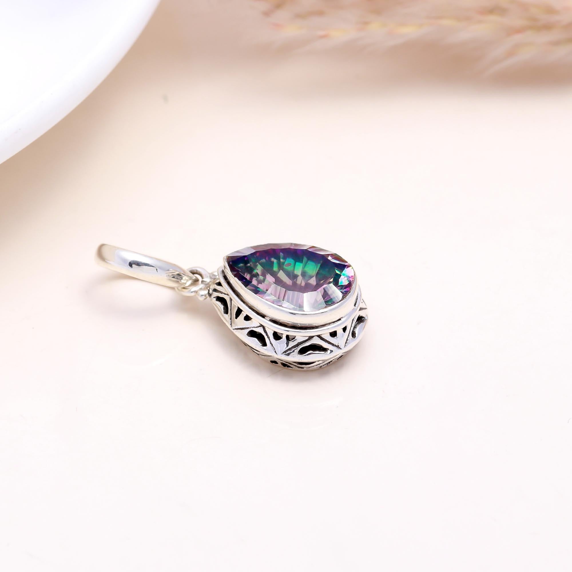 The Rainbow Tear: Mystic Topaz Filigree Pendant