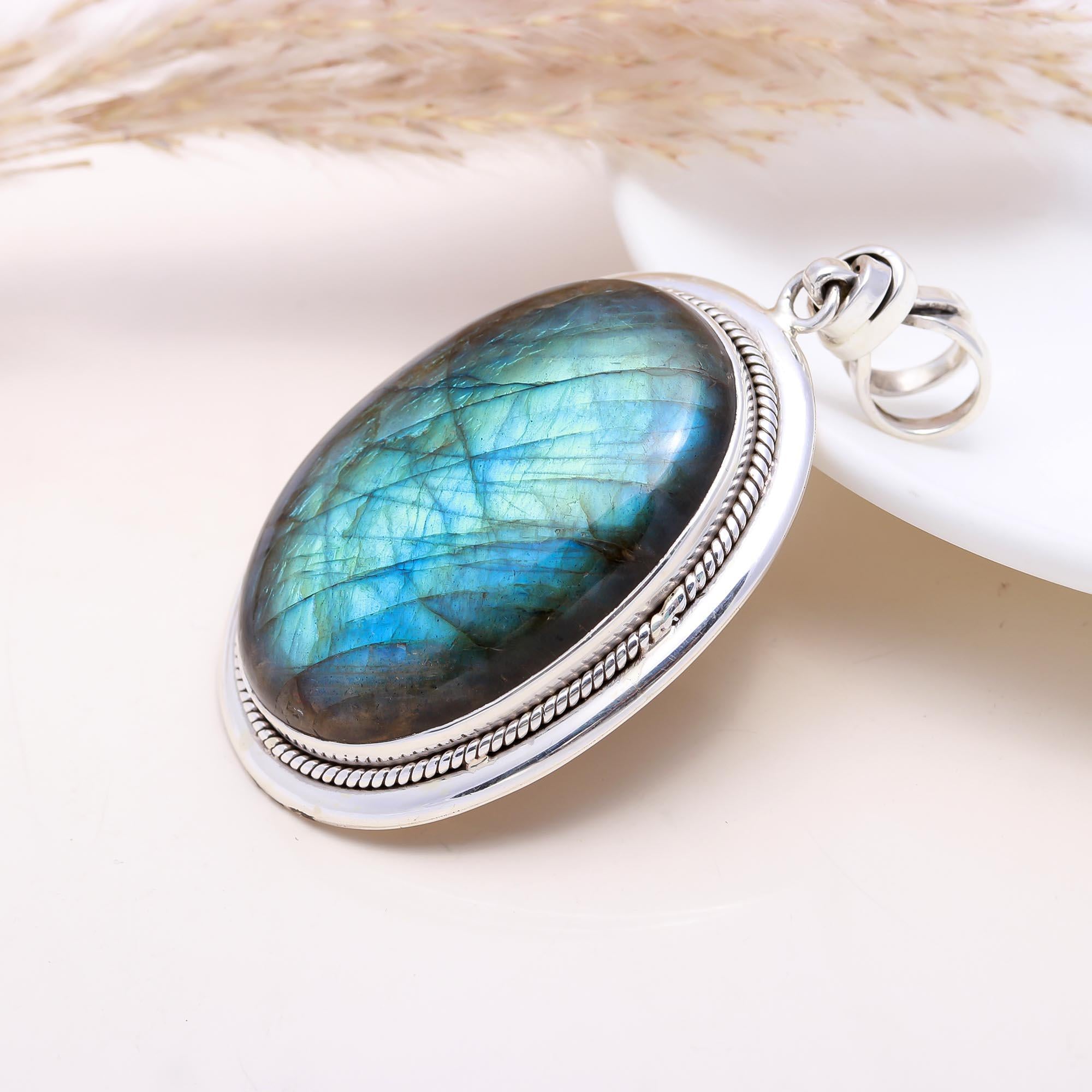 The Deep Ocean: Large Oval Labradorite Rope Pendant