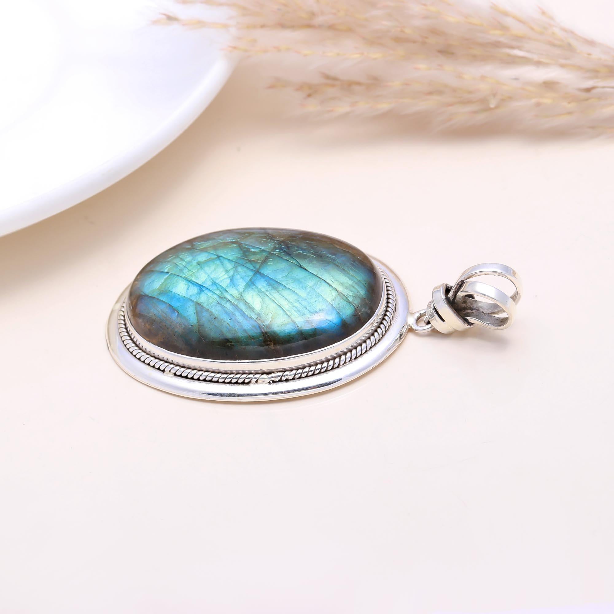 The Deep Ocean: Large Oval Labradorite Rope Pendant
