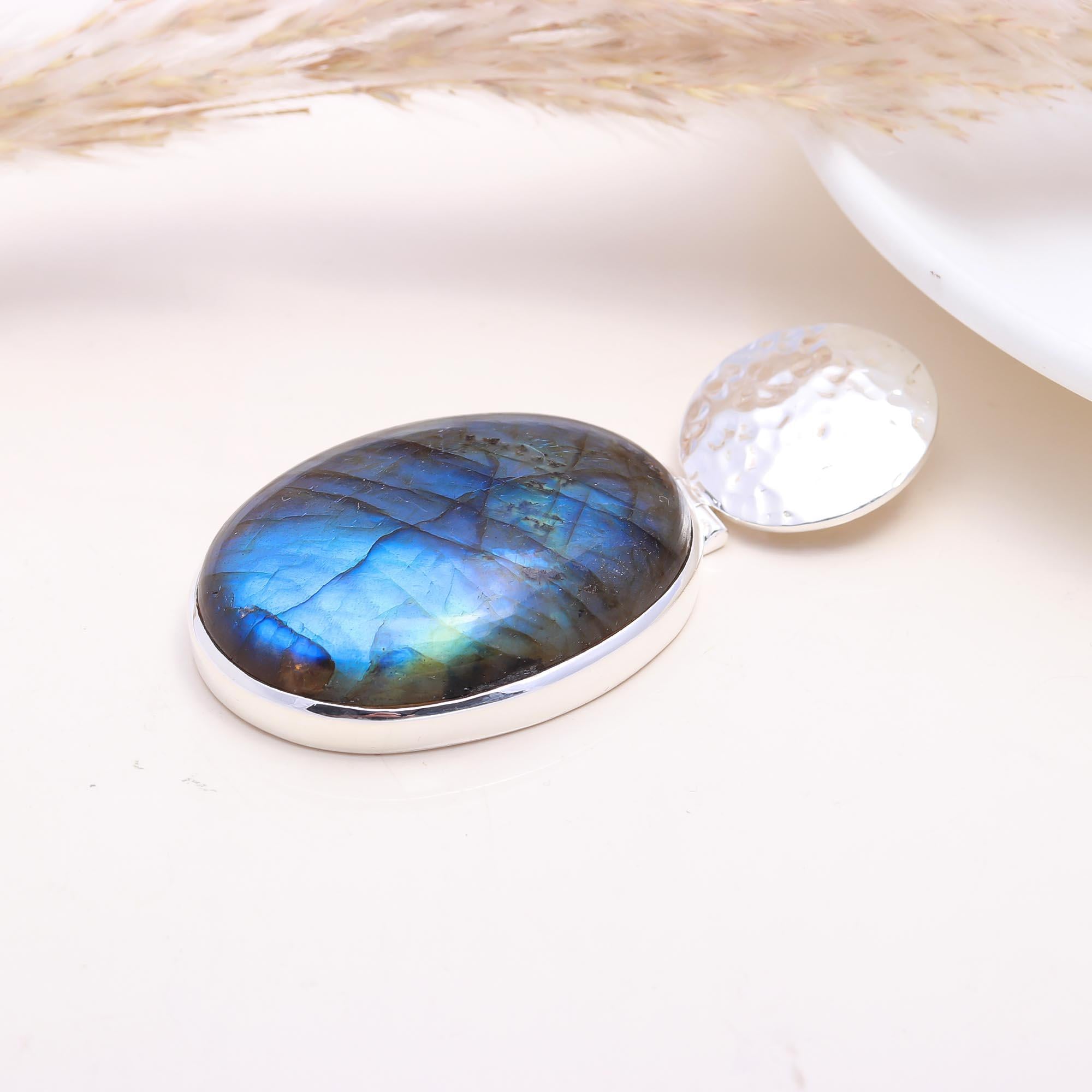 The Hammered Moon Drop: Labradorite & Hammered Disc Pendant