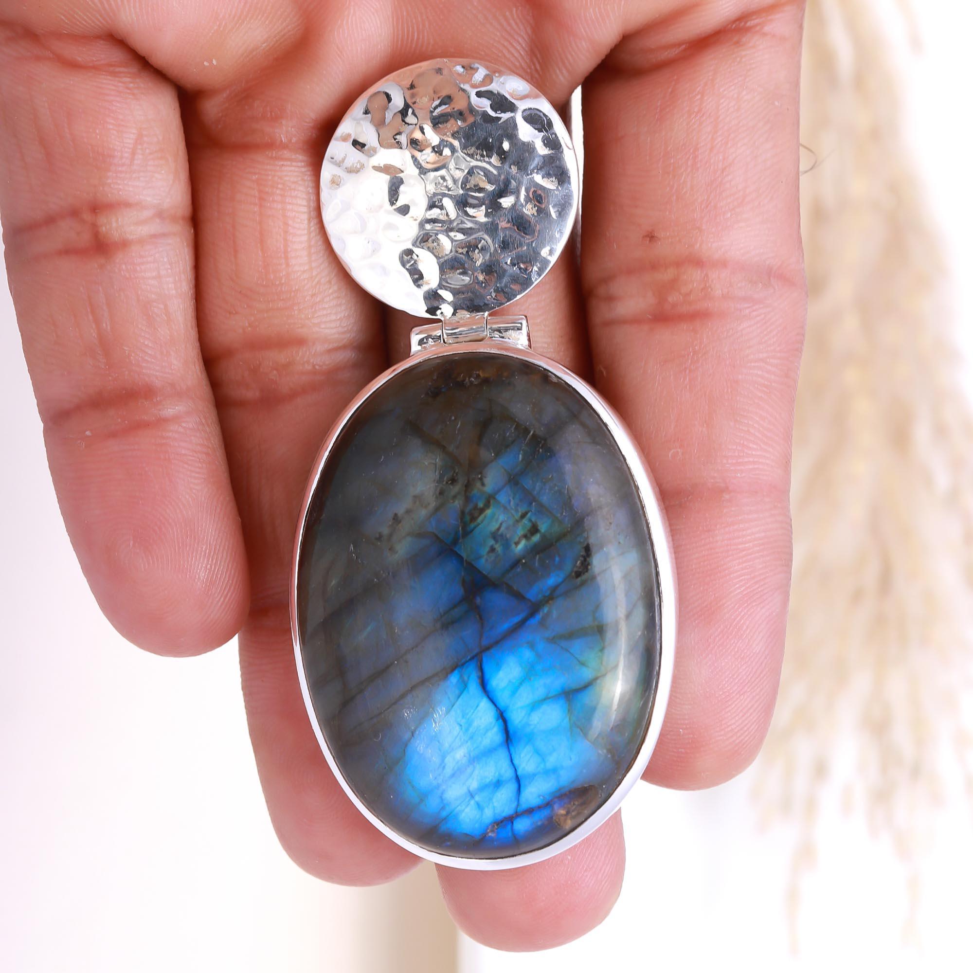 The Hammered Moon Drop: Labradorite & Hammered Disc Pendant
