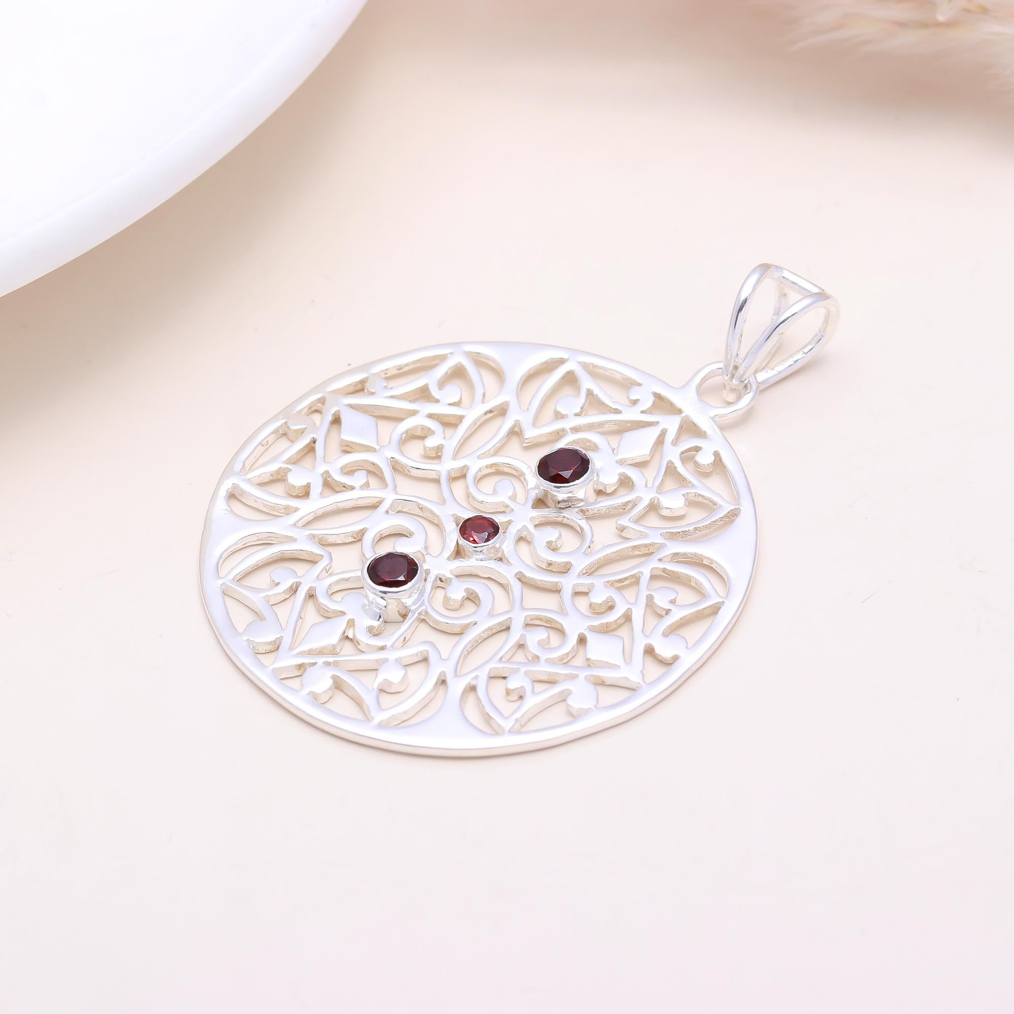 The Garnet Lattice Medallion: Round Garnet Filigree Pendant